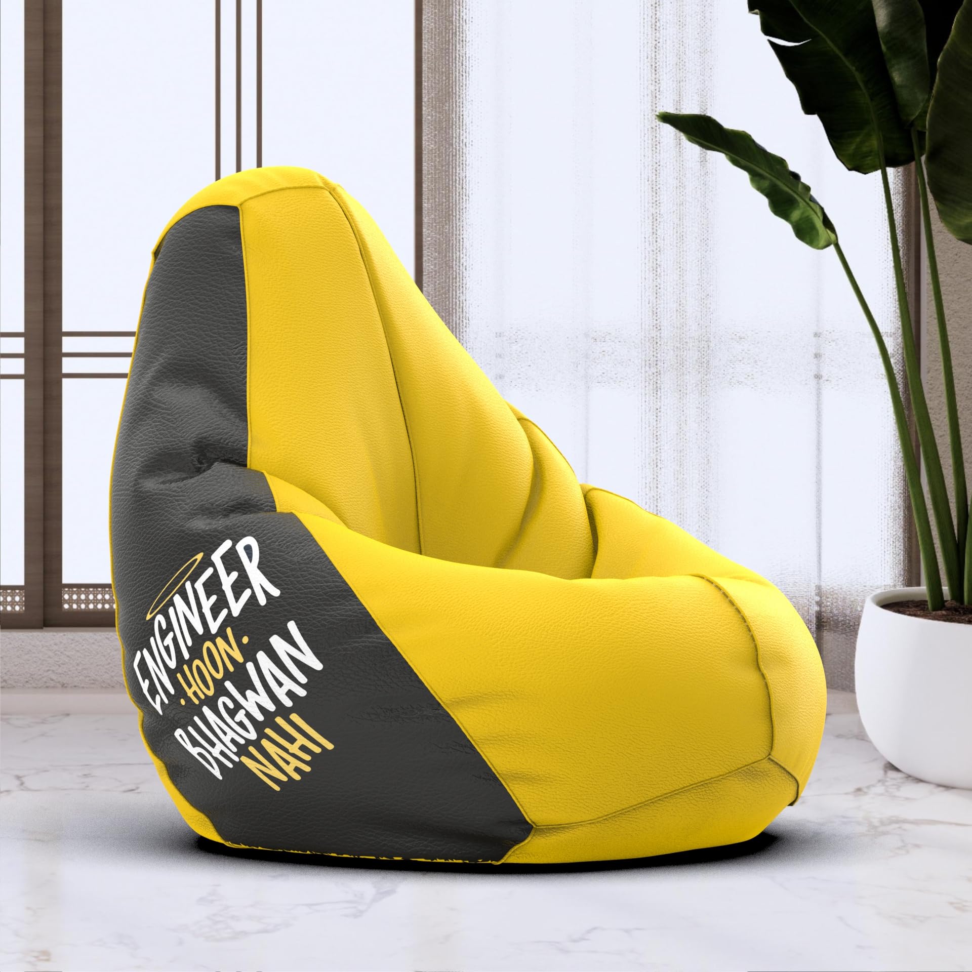 Bean Bag Chair Cover | Size: 1XL | Color: Engineer Hoon Bhagwan - Yellow Black | Without Beans | Premium Leatherette Cover (CMF 2533)-image-31