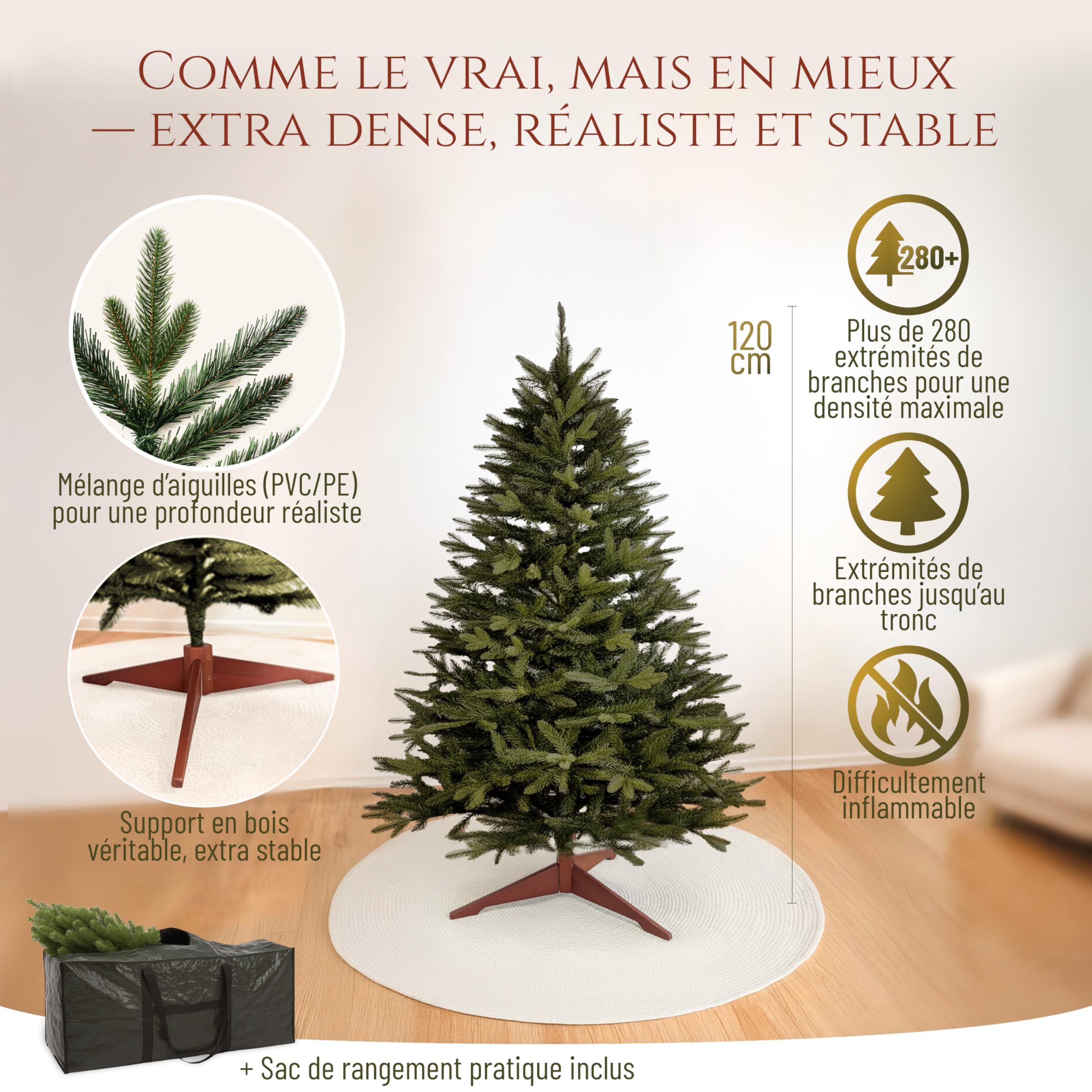 Sapin de Noël Artificiel Premium 120 cm - Gagnant du Test - Réalisme Exceptionnel, Branches épaisses, livré avec Support en Bois et Sac de Rangement – Pure Living
