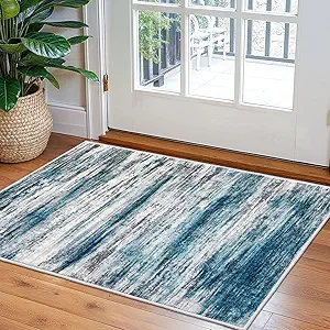 KOZYFLY Modern Abstract Small Area Rugs 2x3, Washable Kitchen Rug Non-Slip Soft Small Bathroom Rug, Blue Striped Entryway Rugs Print Faux Wool Doormat for Bedside Entrance Bedroom Sink