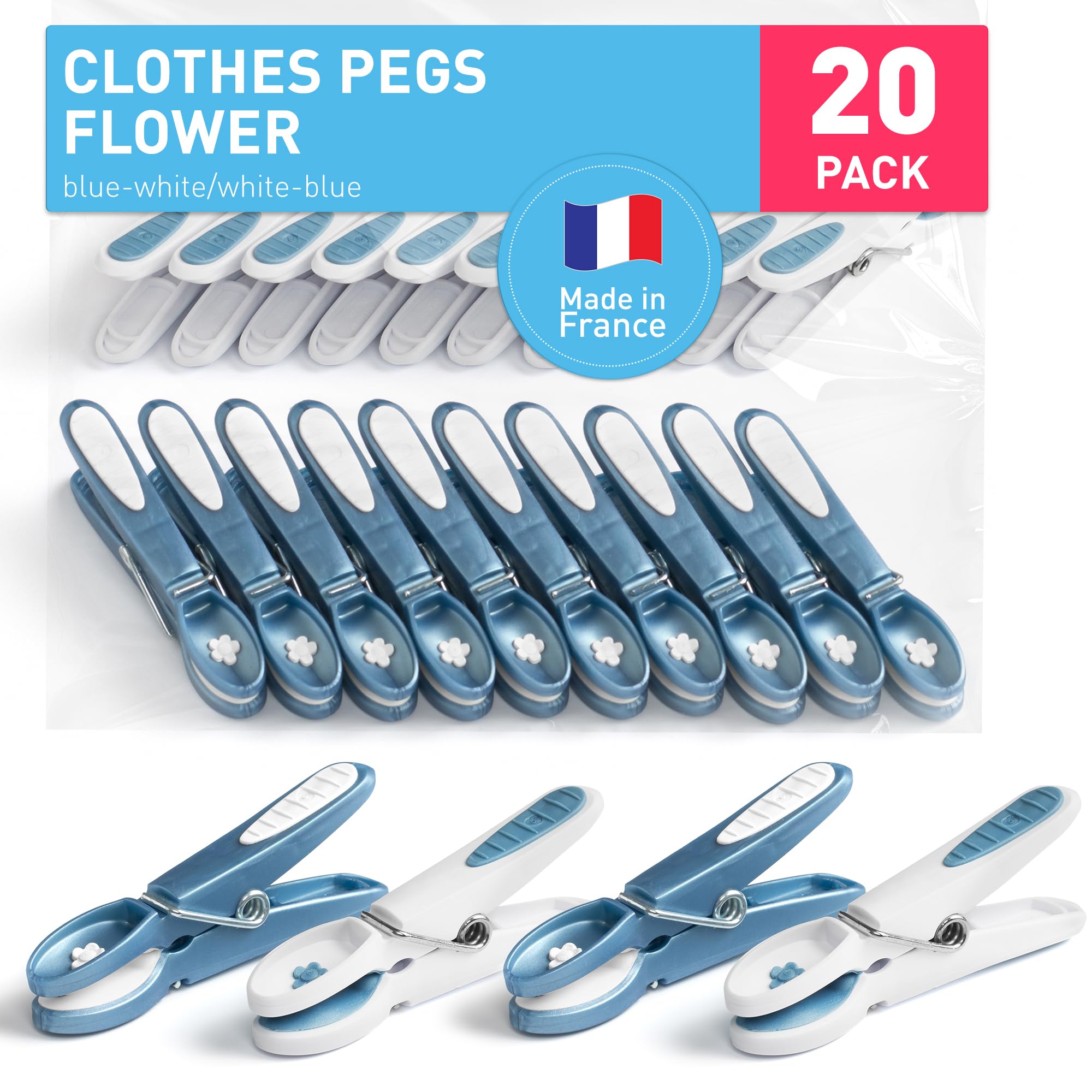 culiclean Clothes Pegs for Washing Line, blue-white/white-blue, 20 Pack