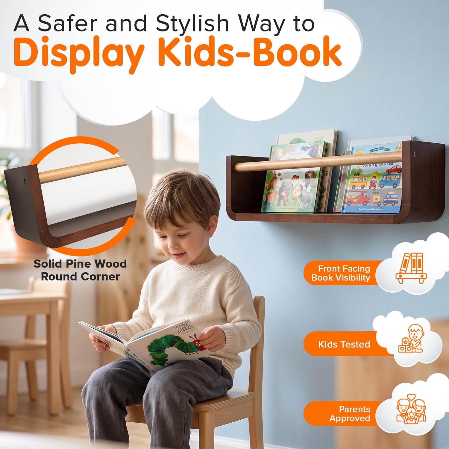 Ovalo Nursery Book Shelves Set of 2 - Solid Pine Wood Nursery Bookshelf, Floating Nursery Shelves for Wall, Wall Bookshelf for Kids Room, No-Assembly Wall Mounted Baby Book Shelf. (Walnut Brown)