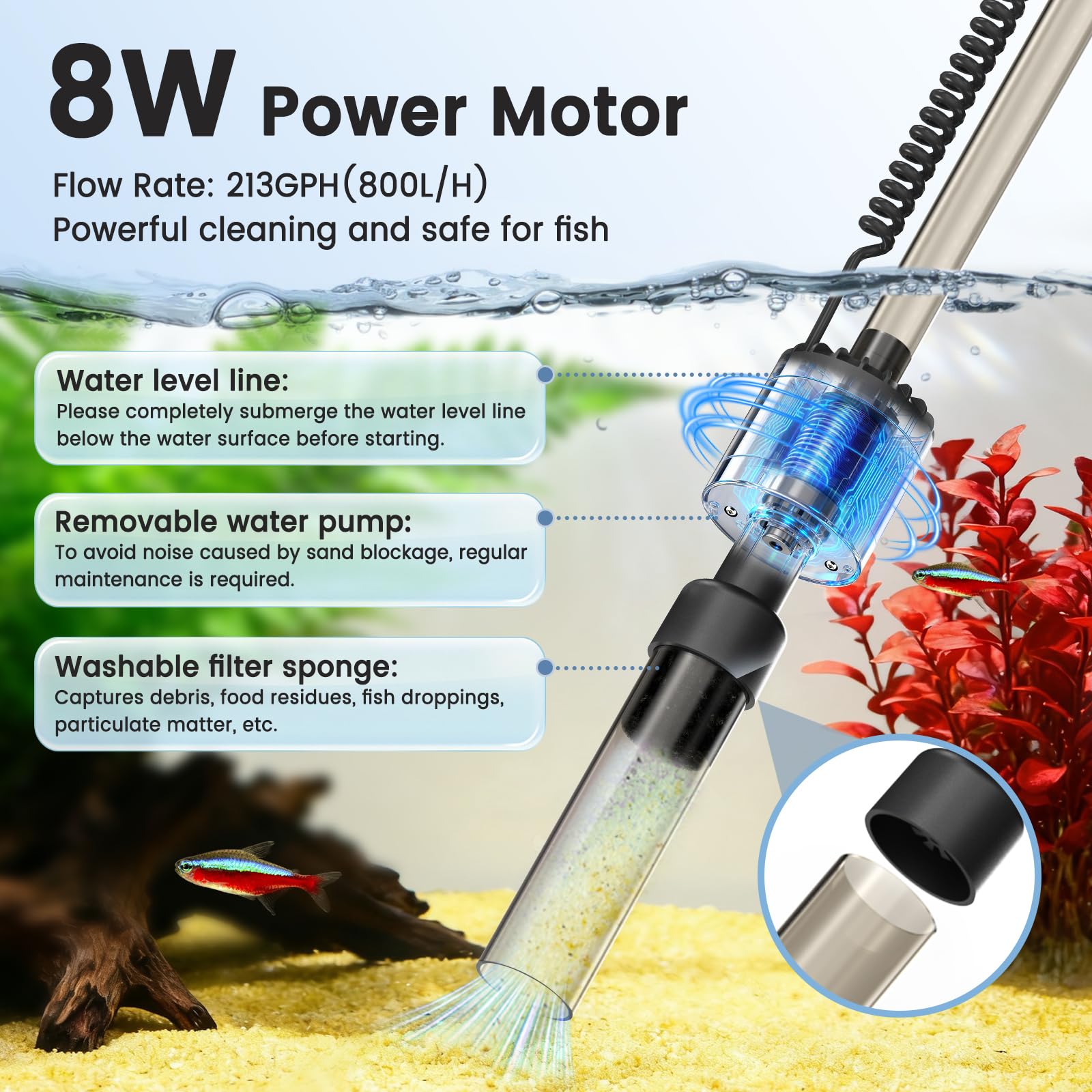 fishkeeper Rechargable Wiederaufladbarer Mulmsauger Aquarium Elektrisch, DC Aquarium Sauger Elektrisch, Durchflussmenge Einstellbar Aquarium Wasserwechsel Pumpe mit Schlauch