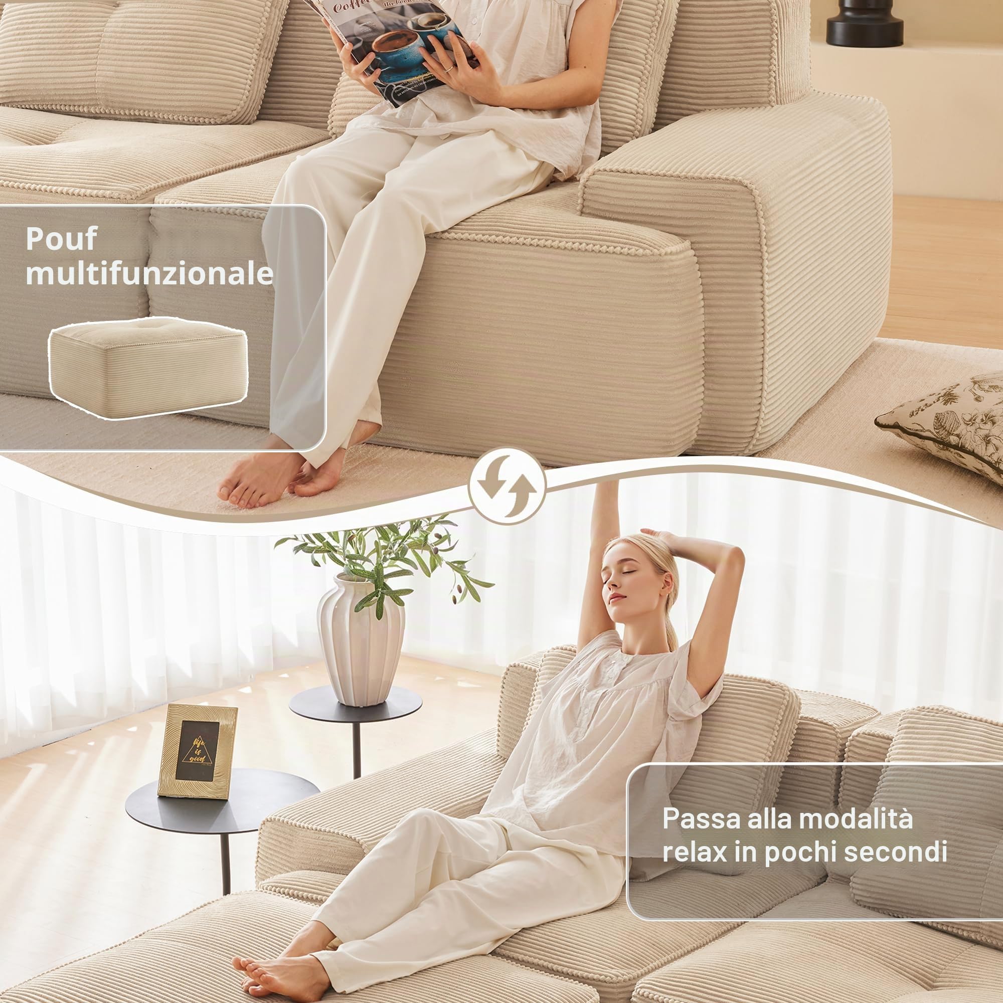 Divano modulare angolare a U,divano componibile Boneless 3 posti con 2 poggiapiedi,divano a compressione senza montaggio,divano con seduta profonda,divani Componibili 5 posti,velluto a coste,Beige