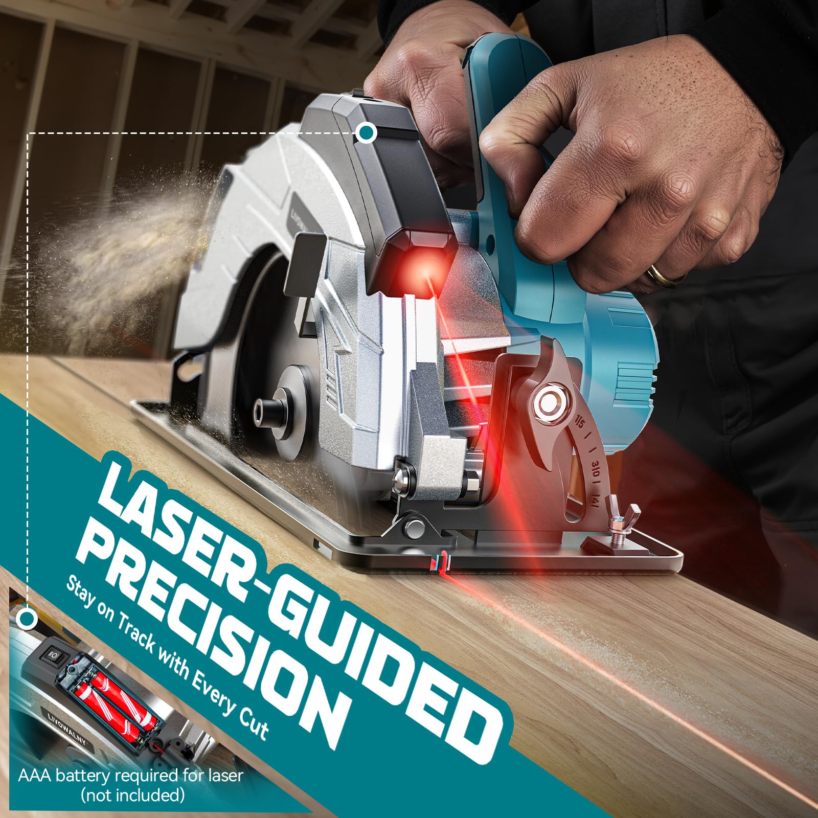 LIVOWALNY Handkreissäge Kompatibel Mit Makita Akku 18v, 66mm Akku-Kreissäge mit Ø165 x Ø20 mm Sägeblatt, werkzeuglose Einstellung bei Schnitttiefe + Neigungswinkel (ohne Akku)