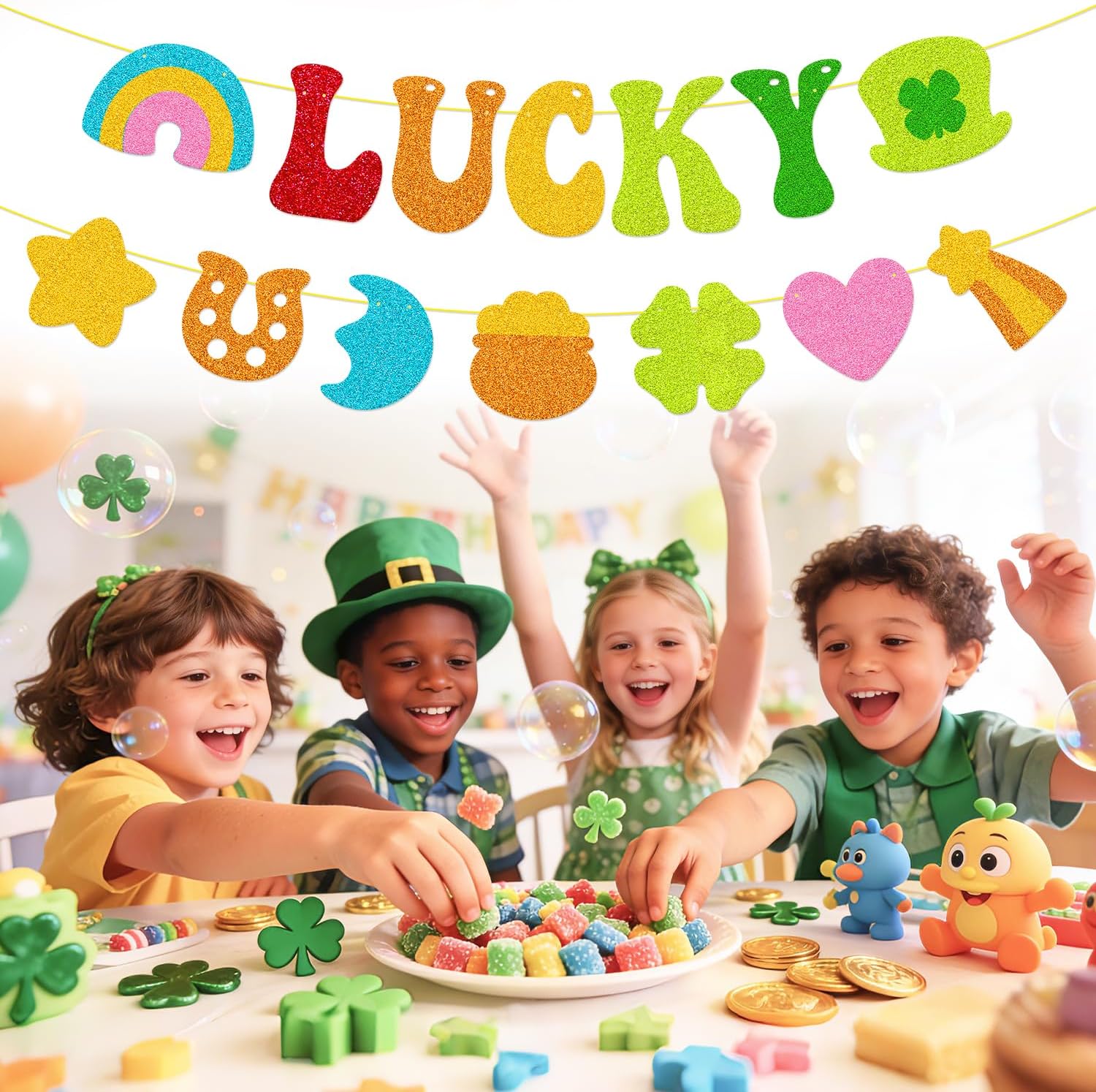 Large Colorful Lucky Banner, Happy St Patricks Day Decor with Fun Font, Pre-Strung Party Banner for Wall Mantel Classroom Office Home Decorations, Good Luck Backdrop for Baby Shower