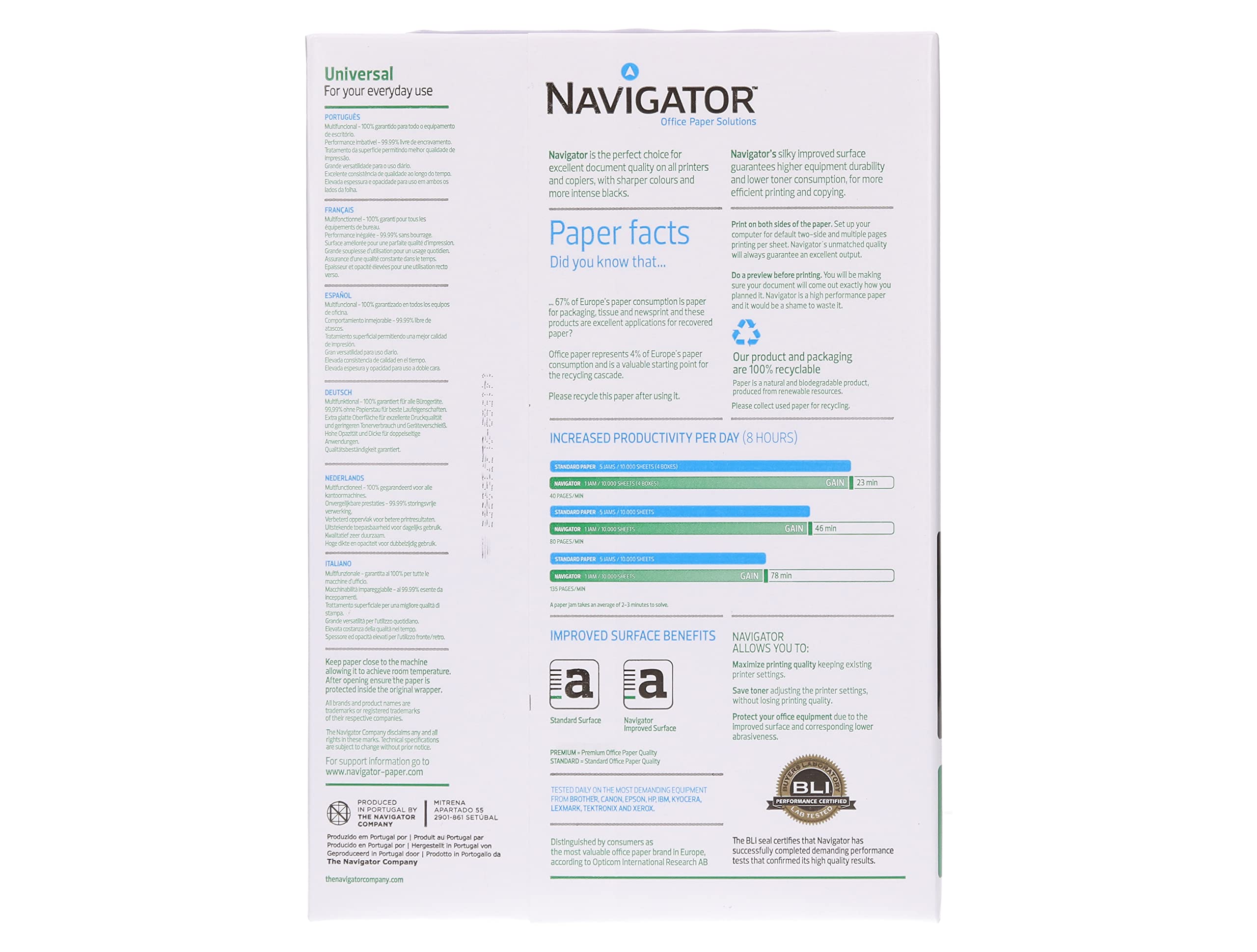 Papel Navigator DIN A4 multifunción 80gr - 5 paquetes (2.500 folios) - compatible con impresoras de inyección de tinta e impresoras Laser.