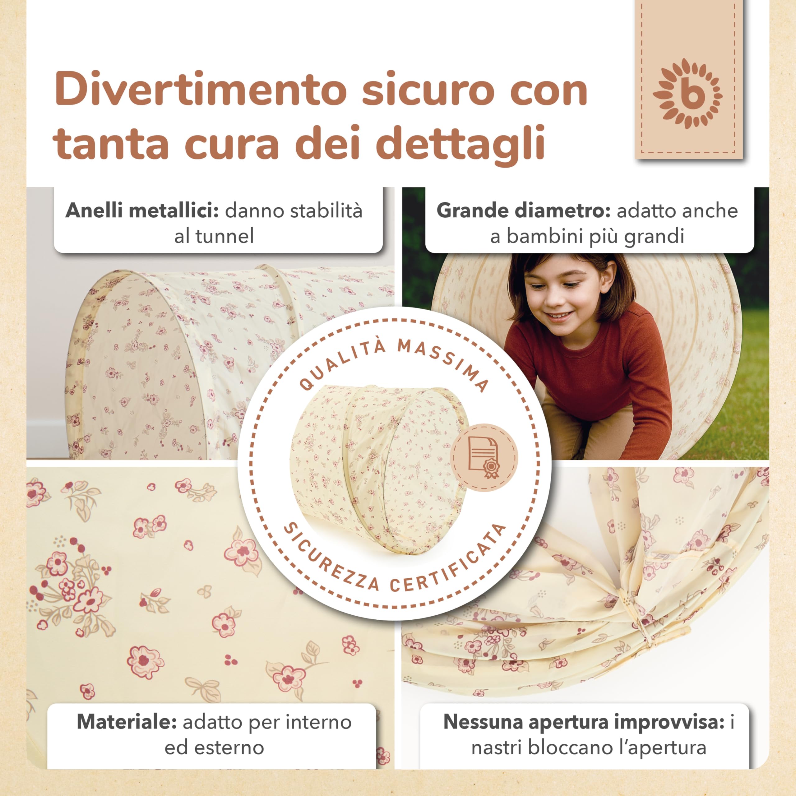 Bieco Pop Up Tunnel Gioco per Bambini con Fiori Vintage | 180 x 46 cm | Bruco Tunnel da Giardino