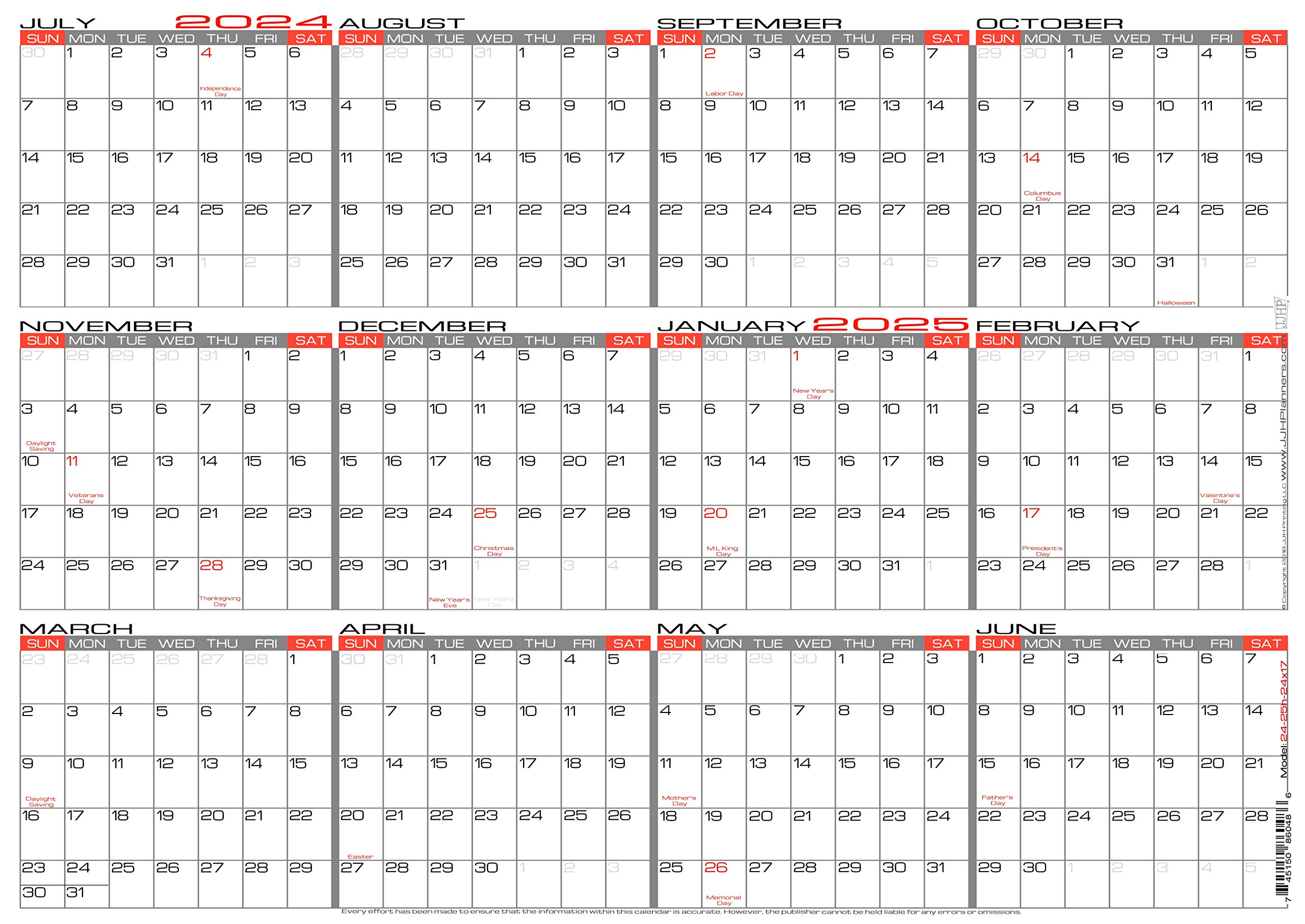 JJH PlannersLaminated - 24" X 17" Medium Academic 2024-2025 Wall Calendar - Horizontal 12 Month Yearly Annual Planner (24-25h-24x17)