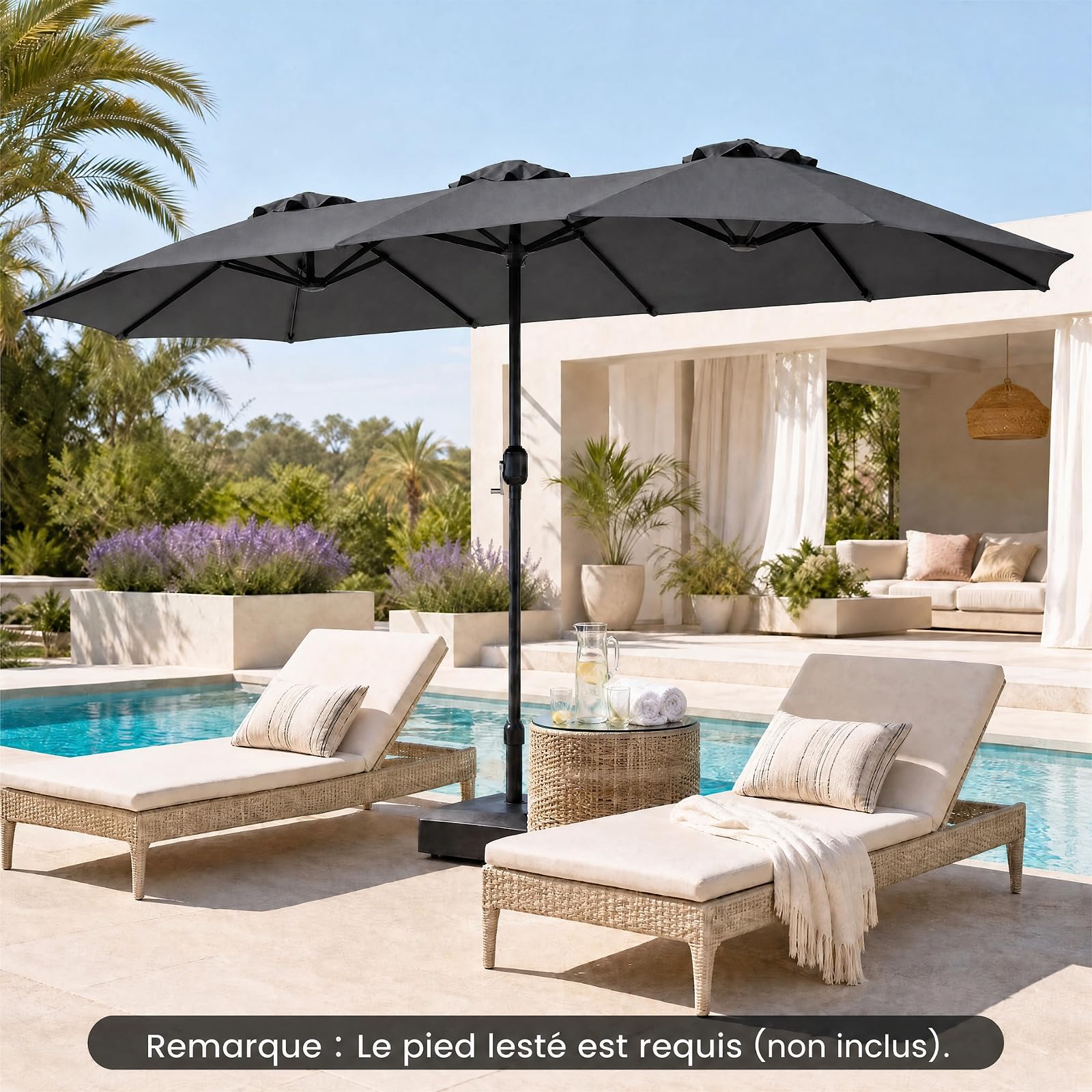 RELAX4LIFE Grand Parasol Double 4x2 M, Grand Parasol de Jardin Extérieur avec Manivelle, 12 Baleines, Toile Polyester Hydrofuge, Protection Solaire, Montage Facile pour Terrasse, Piscine (Gris)
