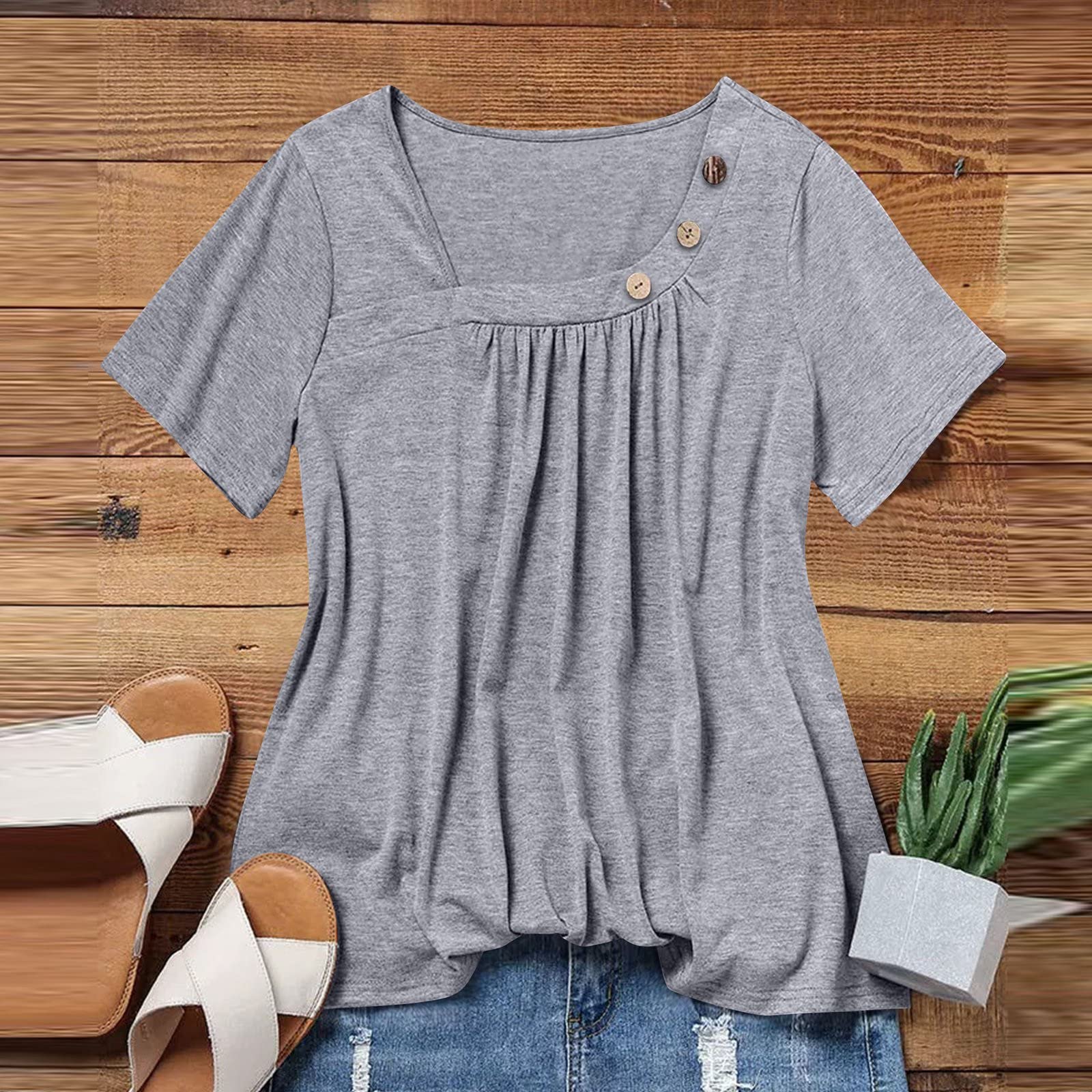 Camicette da donna a maniche corte primaverili eleganti casual vestibilità ampia magliette con bottoni decorazione estiva tinta unita tunica top