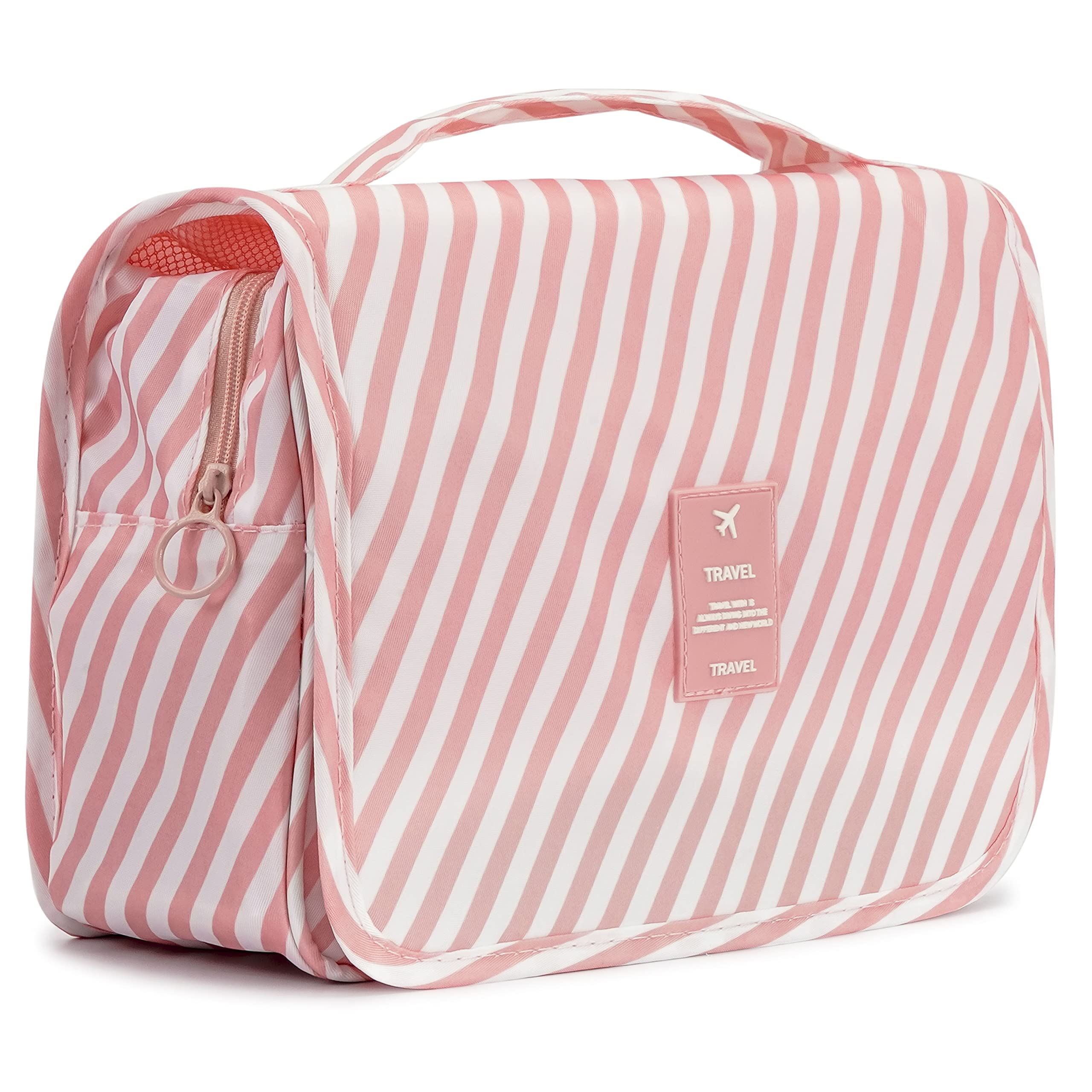 L&FY Hanging Travel Toiletry Bag Women's Cosmetic Organizer Makeup Case Pouch Men's Shaving Kits With Handle（Pink Stripe）