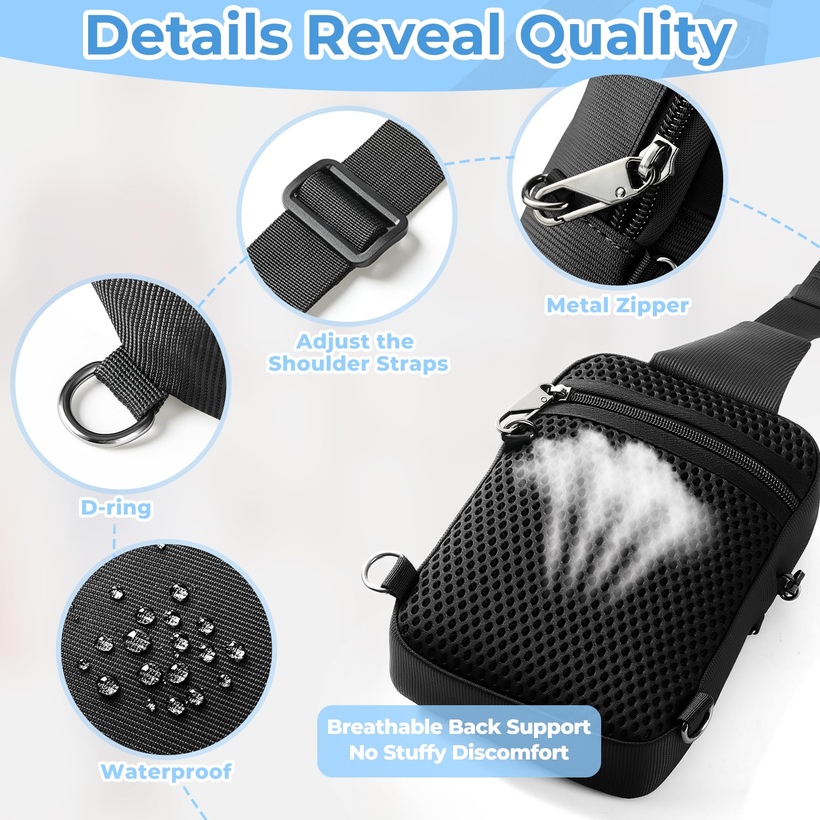 BROADREAM Anti Diebstahl Sling Bag Herren, Wasserdichte RFID Umhängetasche mit Sicherheitsreißverschluss, Kleine Crossbody Brusttasche für Männer & Damen, Handytasche für Reise Outdoor Arbeit