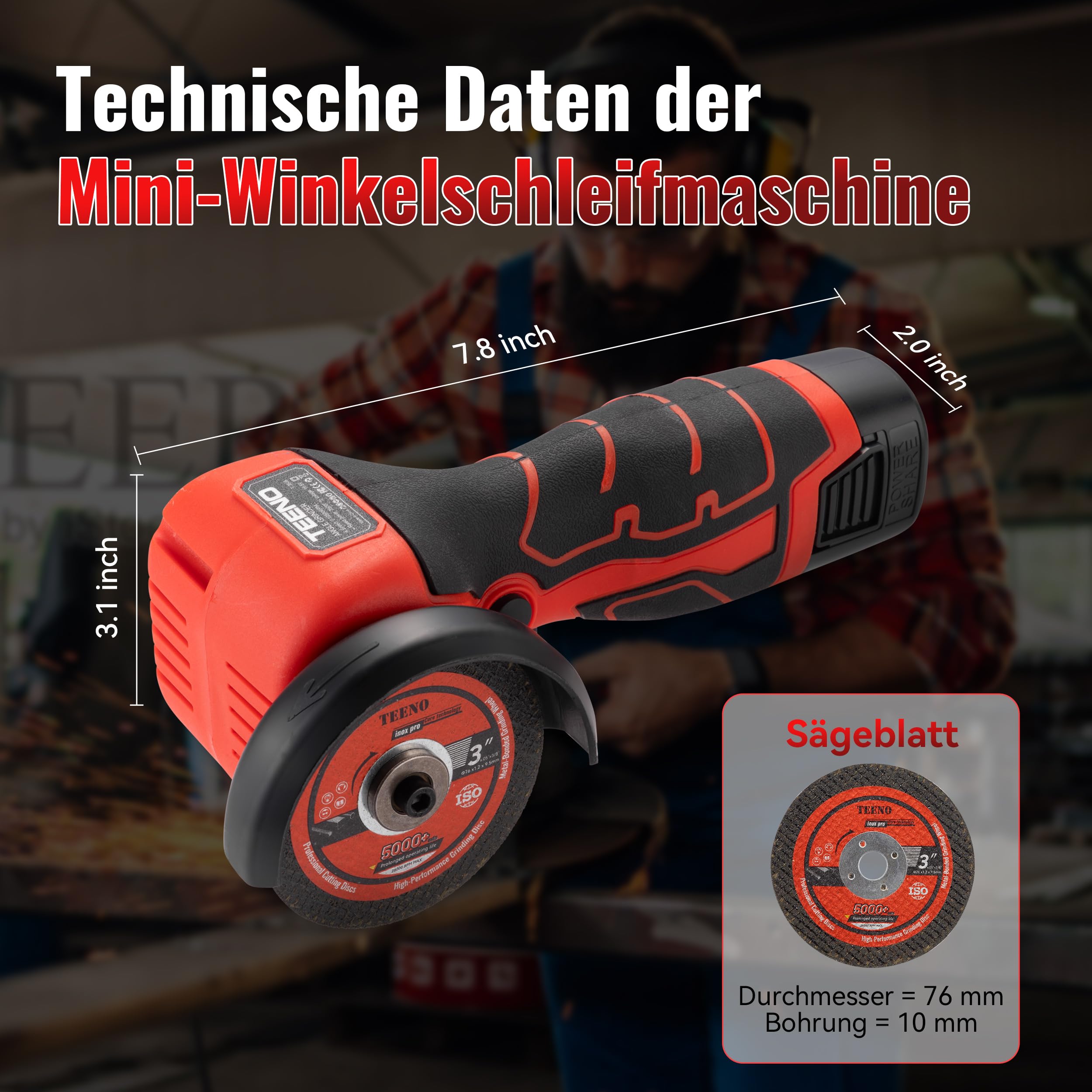 TEENO Mini Akku Winkelschleifer 16,8 V, 19.500 U/min, 76 mm Mini Flex kabellos mit 2 x 2000 mAh Akkus, Ladegerät, 6 Trennscheiben und Koffer, zum Schneiden, Schleifen und Polieren