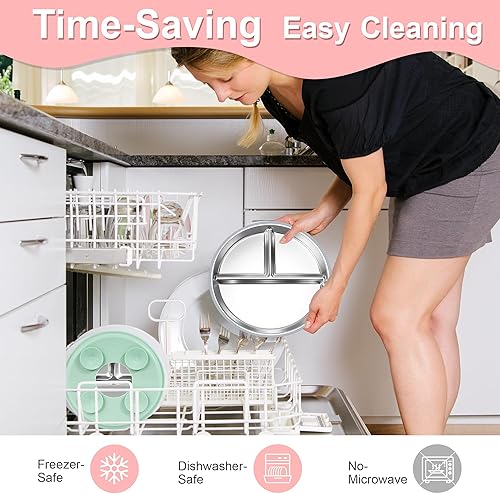 Miniatura 9 de Bella's Friends Juego de 2 platos divididos de acero inoxidable con succión de silicona, 2 juegos de cucharas y tenedores, sin BPA, apto para