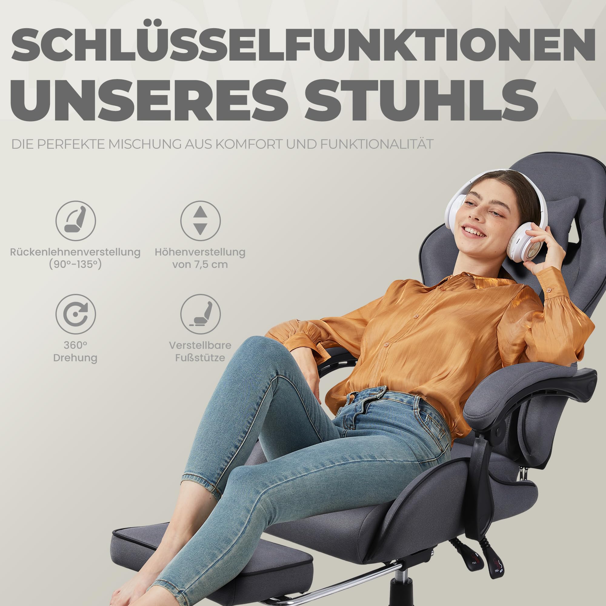 Dowinx Gaming Stuhl Tasche Frühling Kissen, Atmungsaktiver Bürostuhl aus Hochwertigem Stoff, Ergonomischer PC-Stuhl mit Kopfstütze, Drehbarer Schreibtischstuhl mit Fußstütze,Dunkelgrau
