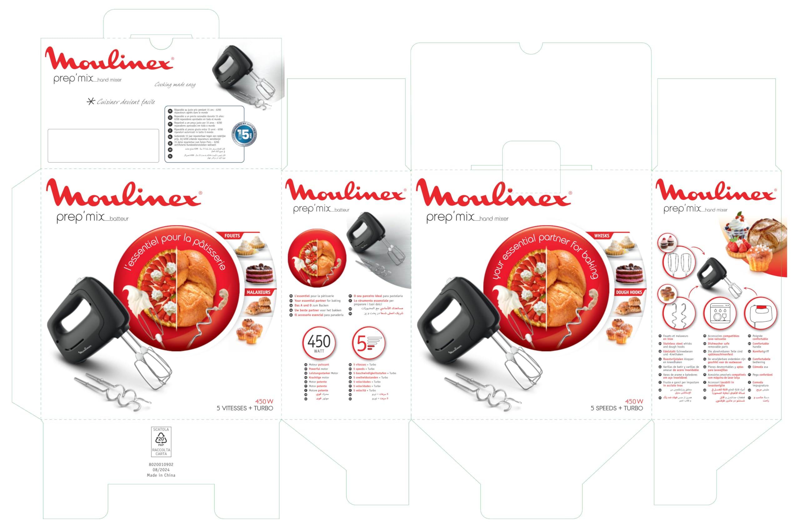 Moulinex PREP MIX Sbattitore Elettrico, Mixer 450W, 5 Velocità, Impostazione Turbo, 2 Fruste, 2 Ganci Impastatori, Acciaio Inox, Ergonomico, Accessori Lavabili in Lavastoviglie, HM450HF0