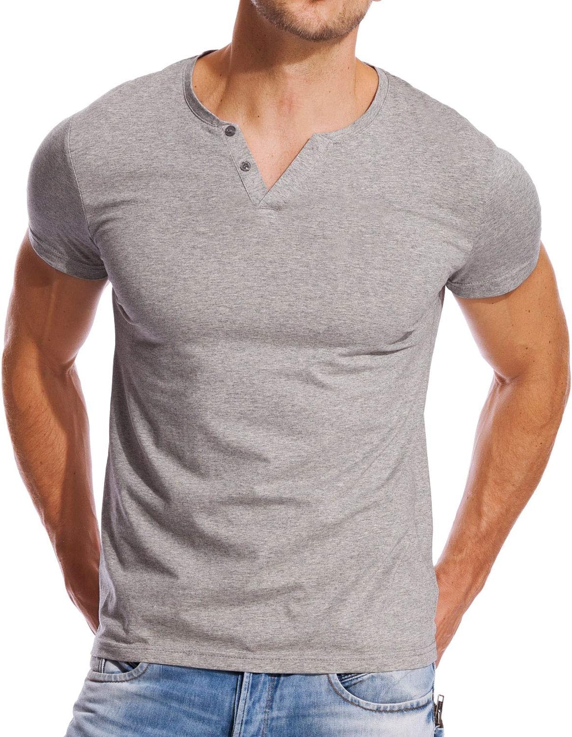 Zecmos Henley Shirts Mens Slim Fit Short Sleeve Summer Cotton Casual T-Shirt