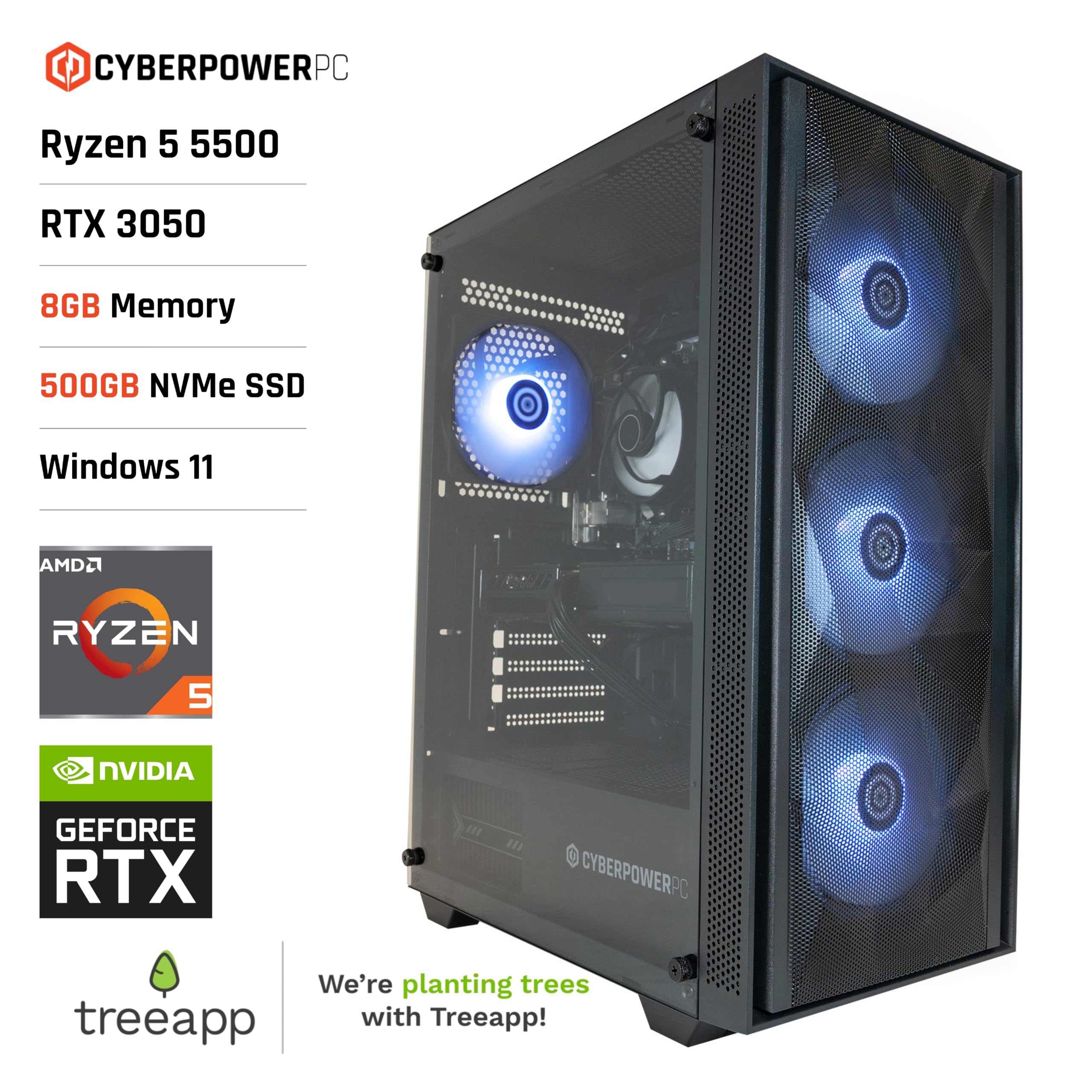 CyberpowerPC Regiment Gaming PC - AMD Ryzen 5 5500, Nvidia RTX 3050, 8GB RAM, 500GB NVMe SSD, 650W PSU, Wi-FI, Windows 11, Sylph