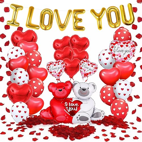 KatchOn, Teddy Bear I Love You Balloon Set - Pack of 55 | 2000 Red Rose Petals with Red Heart Balloons for Valentines Day Decorations For Home | Valentines Day Balloons | Valentines Decor