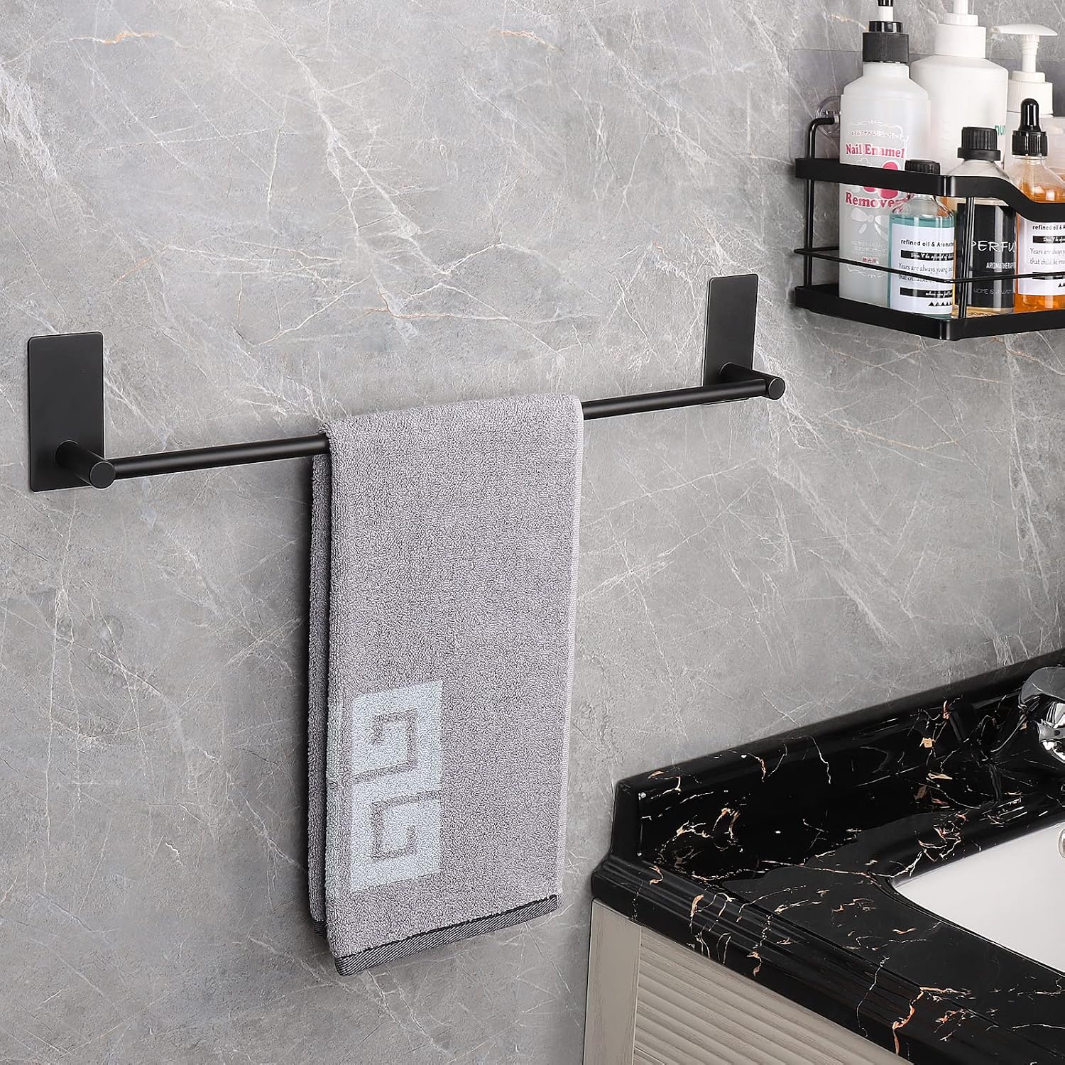 NearMoon Self Adhesive Bathroom Towel Bar- Stainless Steel Bath Wall Shelf Rack Hanging Towel Stick On Sticky Hanger Contemporary Style, NO Drilling (2 Pack, Matte Black, 16-Inch Towel Rack)