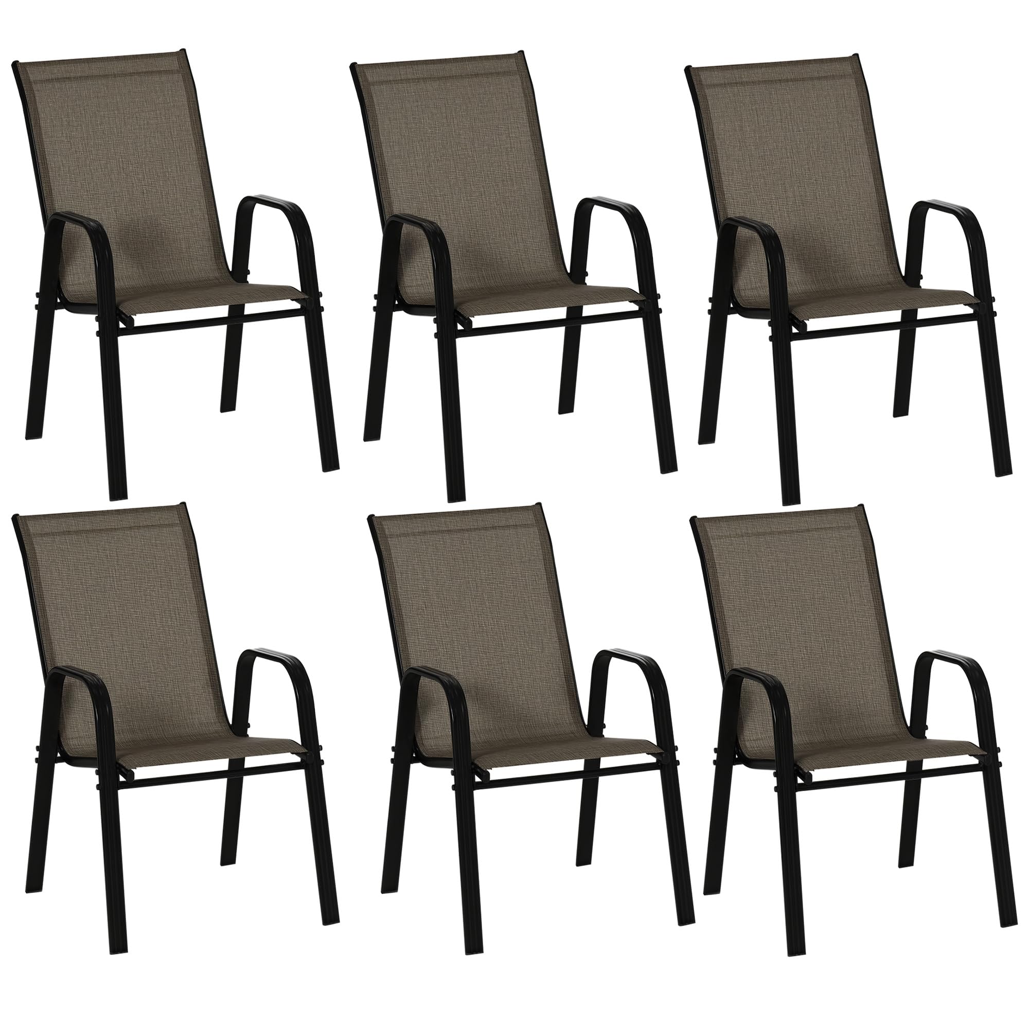 Outsunny Juego de 6 Sillas de Jardín Apilables para Ahorrar Espacio, Sillas de Exterior con Reposabrazos Metálicos y Tejido Transpirable, Marrón
