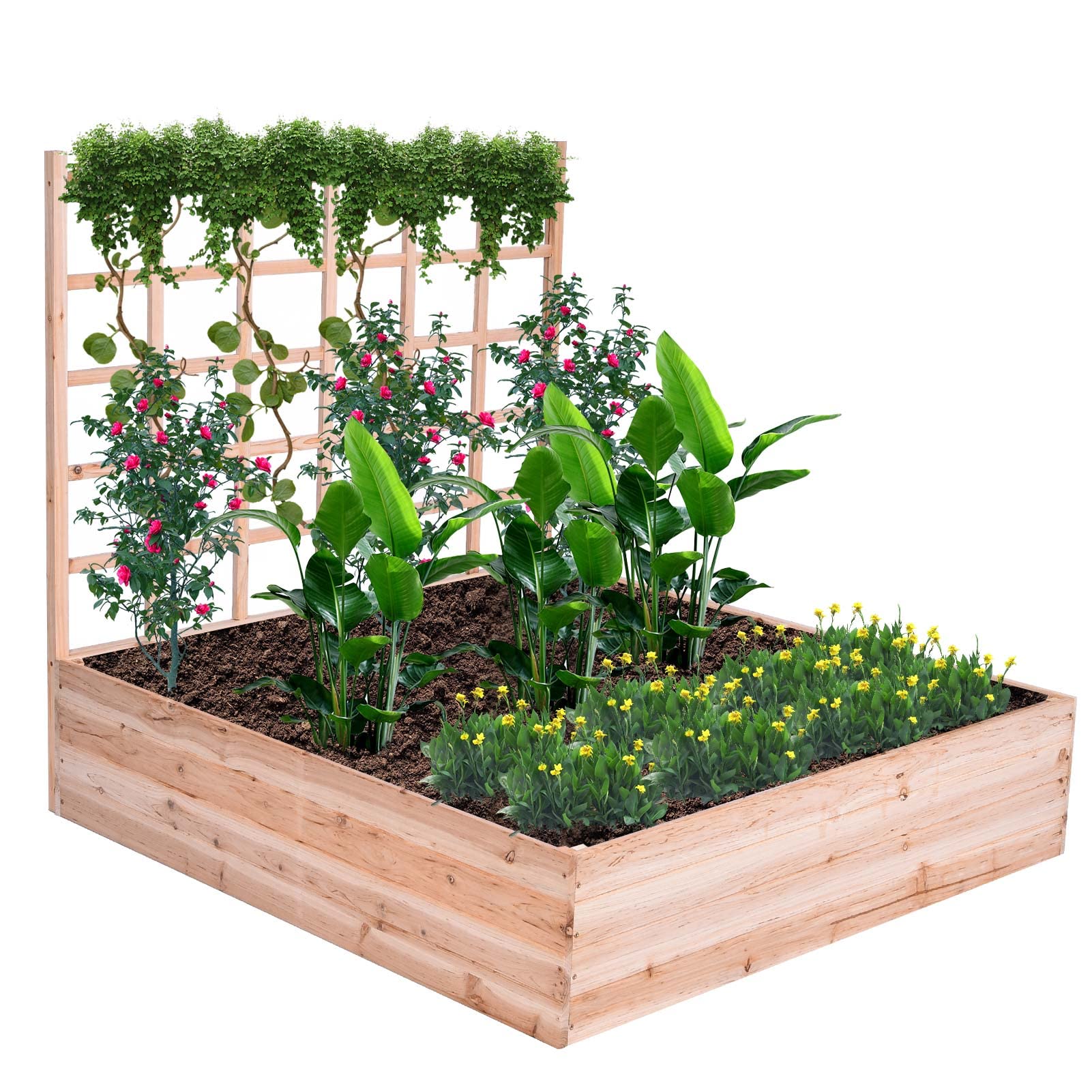 Raised Garden Bed Kit 4x4 Outdoor Garden Box, Segmented Growing Grid, Flower Planter with Trellis Outdoor Courtyard Wooden Bed Flower Pot