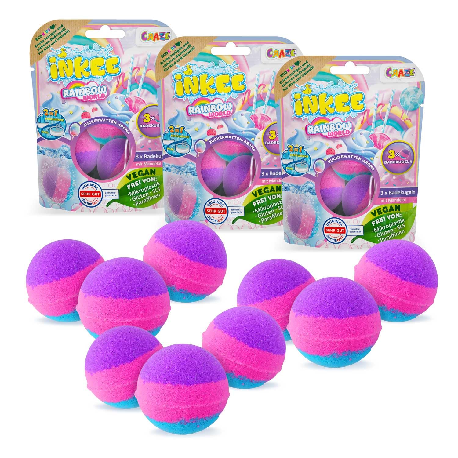 INKEE Pack Color Rainbow World - Pack of 9 Scented Children's Bath Bombs, 9 x Bath Bombs with 3 Different Colour Layers (Pink, Purple and Blue), Cotton Candy Aroma and Argan Oil