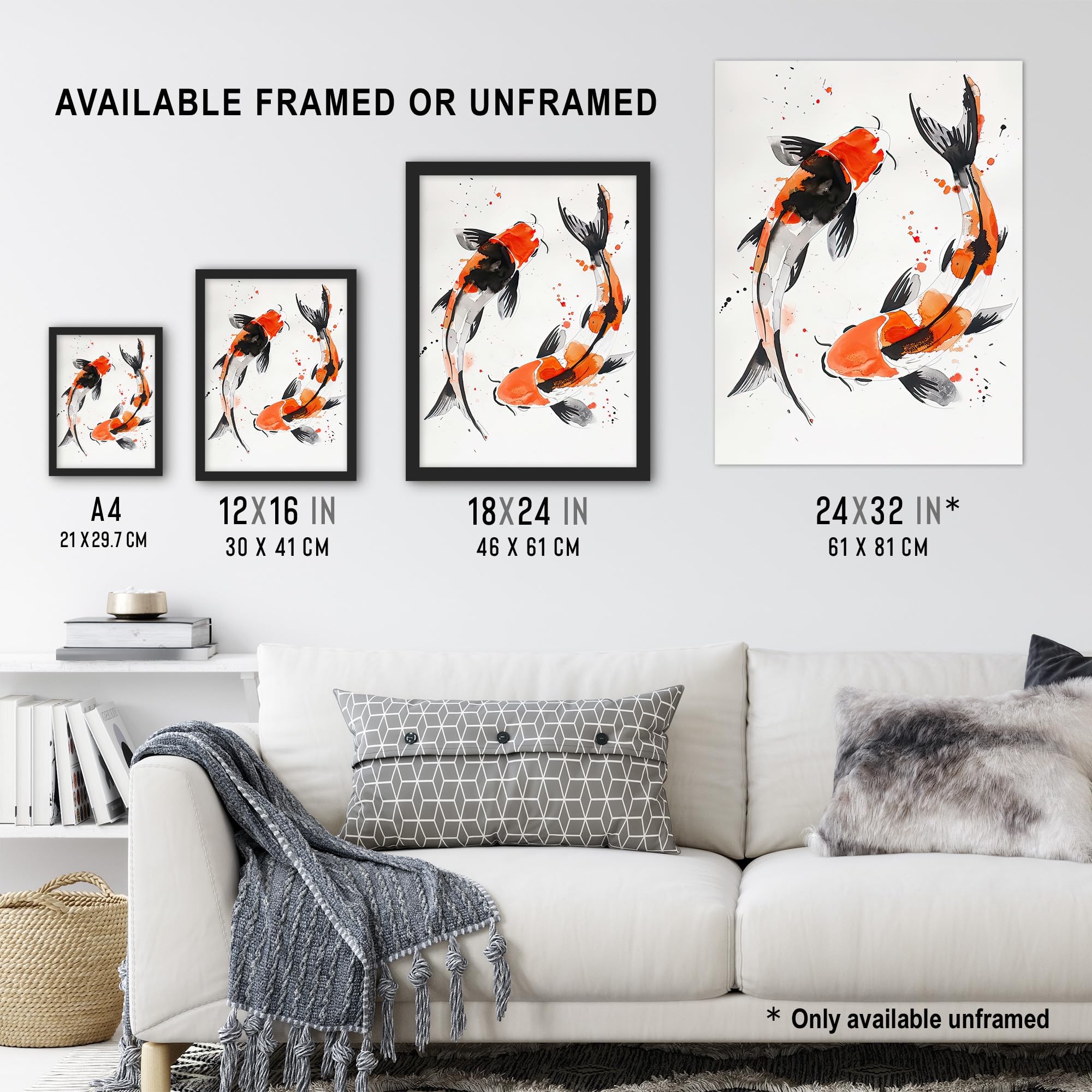 Artery8 Two Japanese Koi Carp Fish Bright Watercolour Living Room Extra Large XL Wall Art Poster Print, Unframed 24X32", 81L x 61W cm - Image 3