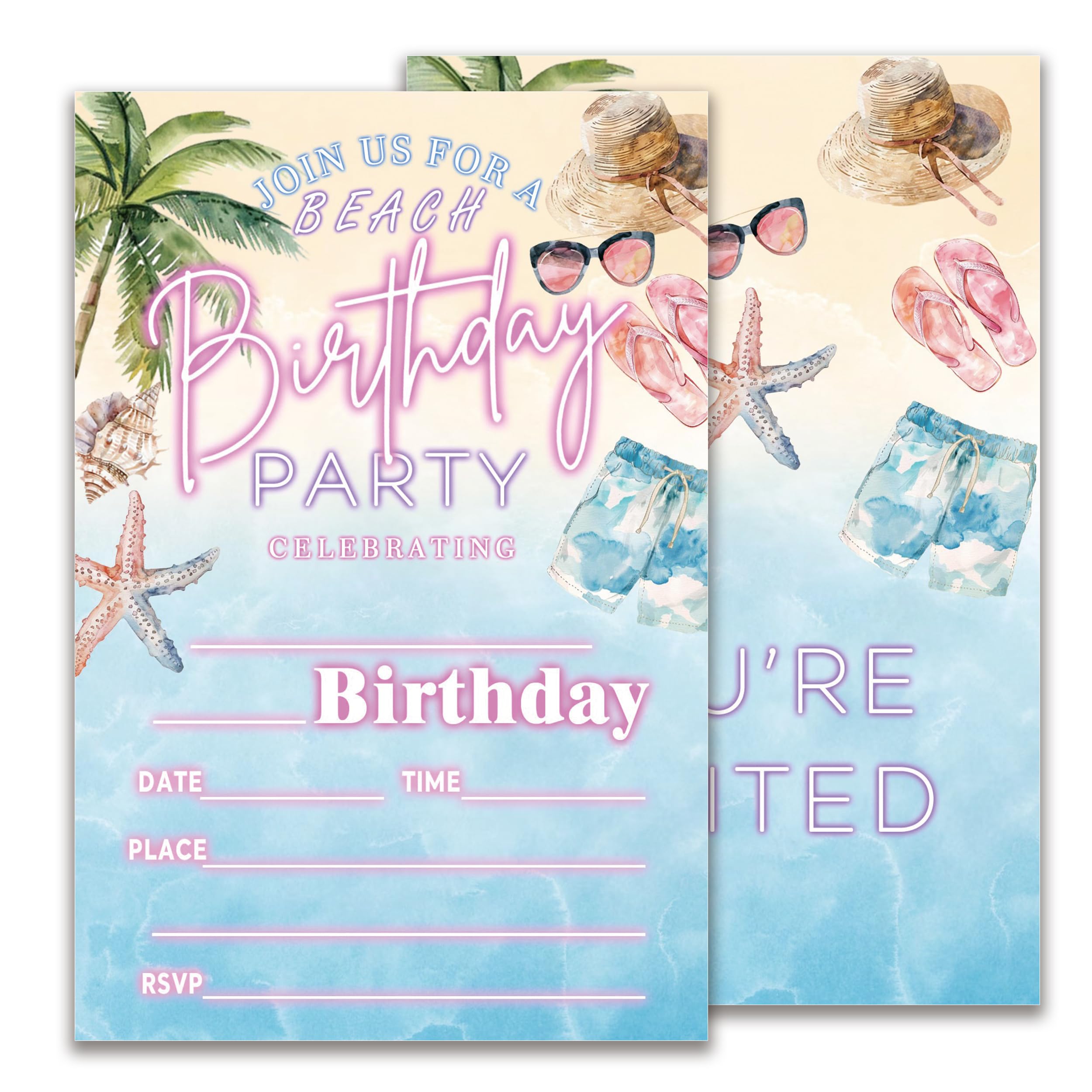 JUPXB Beach Birthday Invitations, Summer party Invitations for Boys Girls, Beach Theme party supplies, 20 Double-Sided Fill-In Party Invite Cards with