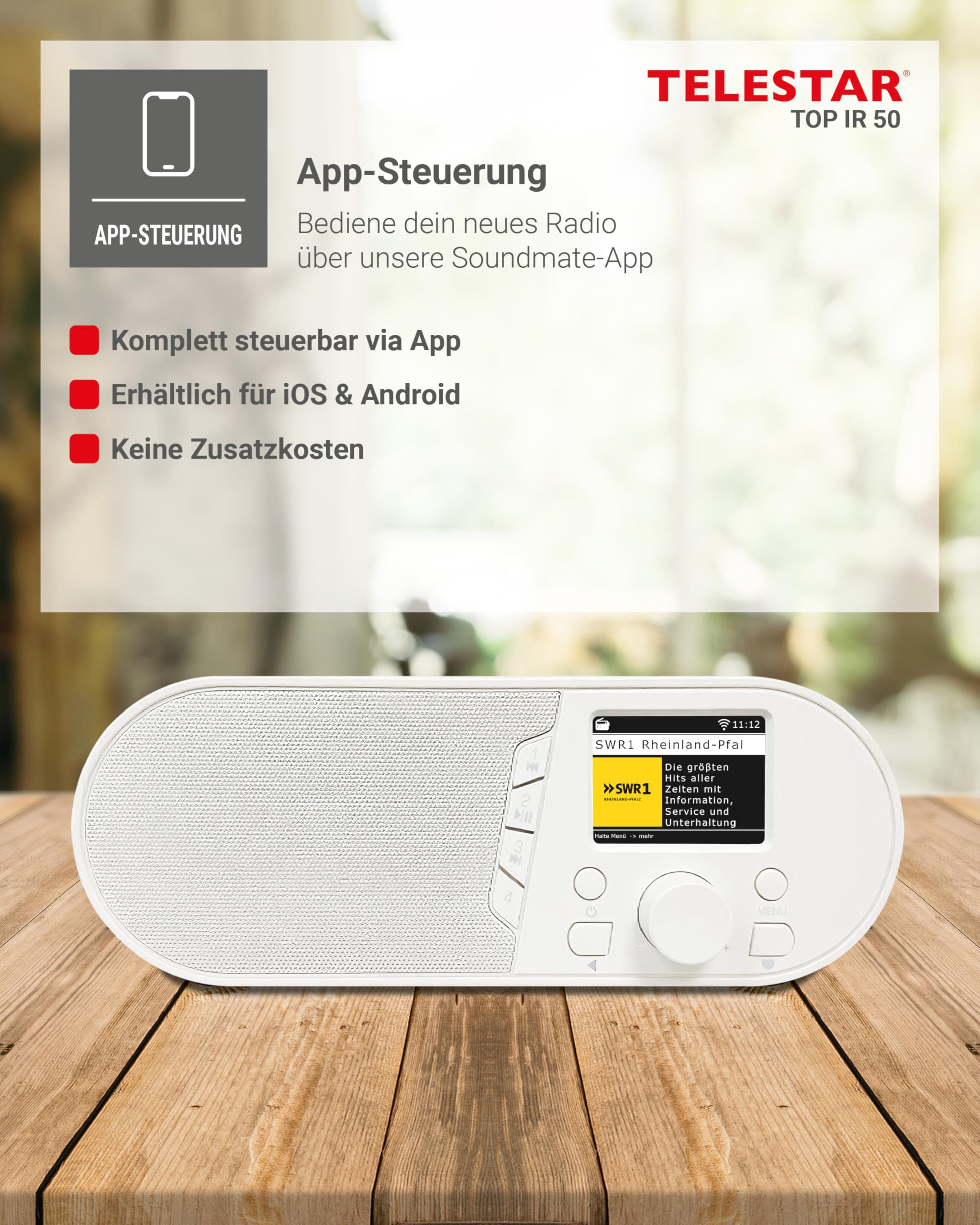 TELESTAR TOP IR 50 – Internetradio, Bluetooth Audio-Streaming – Weiß | 7 W, USB-Aufnahmefunktion, Stationstasten am Gerät, Dimmfunktion, Nachtmodus, Hotelmodus, Fernbedienung
