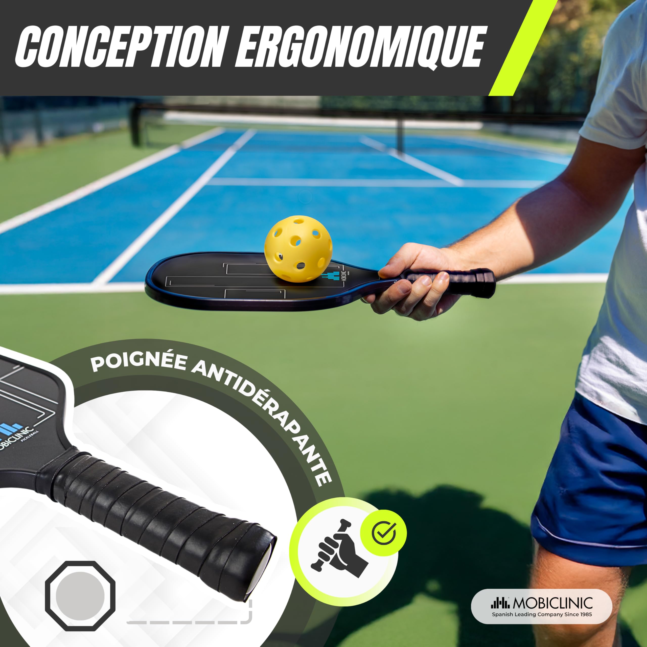 Mobiclinic®, Ensemble de Pickleball, Raquettes en Fibre de Verre, Balles D'intérieur et D'extérieur, Sac Transport, Poignée Ergonomique, Noyau en Polypropylène Alvéolé, Grip