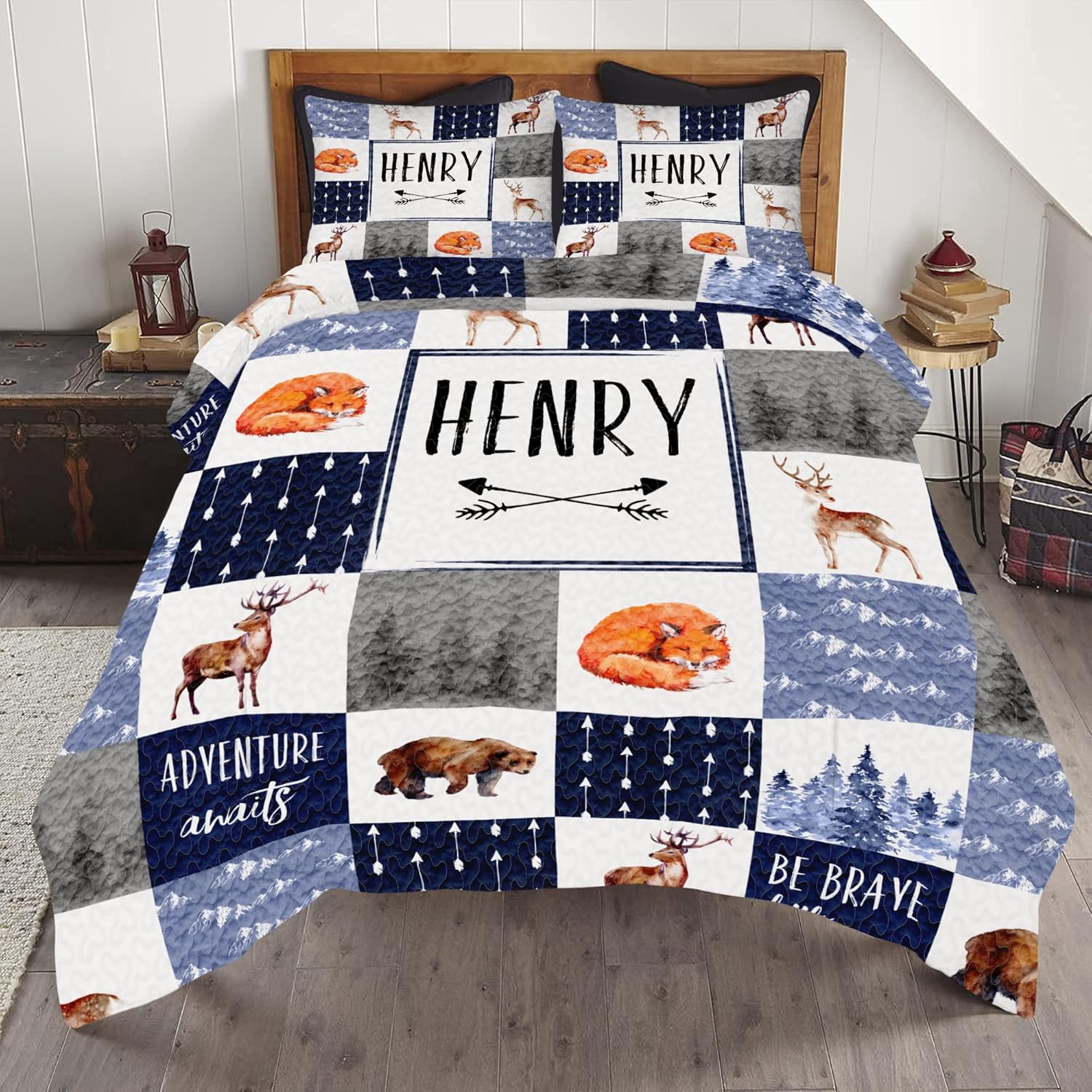 ENCYCOM Fox Bear Woodland Quilt, Woodland Comforter Woodland King Woodland Nursery Bedding Birthday Father Mother Gifts Bedding Cover Wall Hanging Decor Quilt Gifts