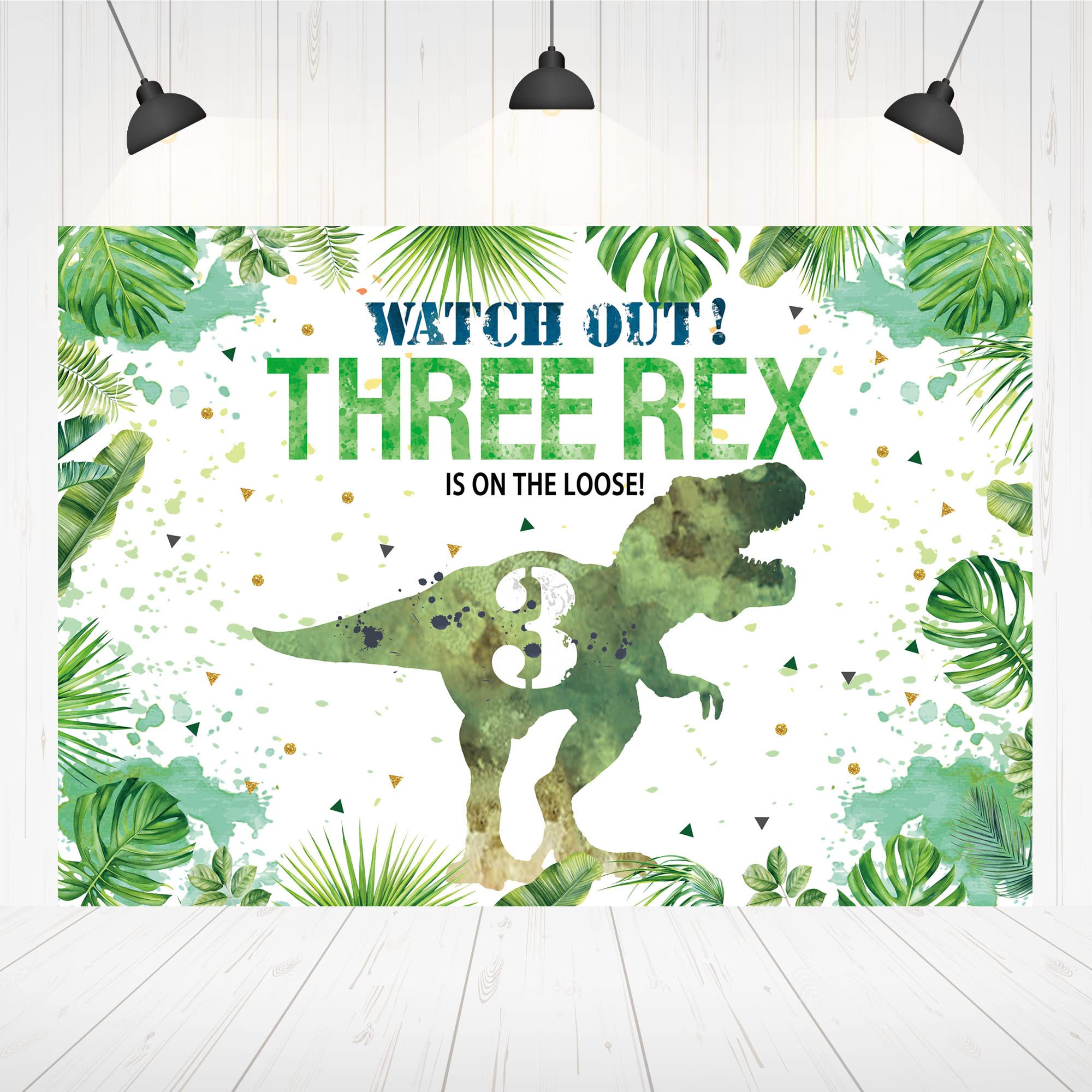 Hilioens 5×3ft Three-rex Birthday Backdrop for Boys Dinosaur 3rd Birthday Green Leaf Background 3 Years Old Dinosaur Theme Party Banner Decorations
