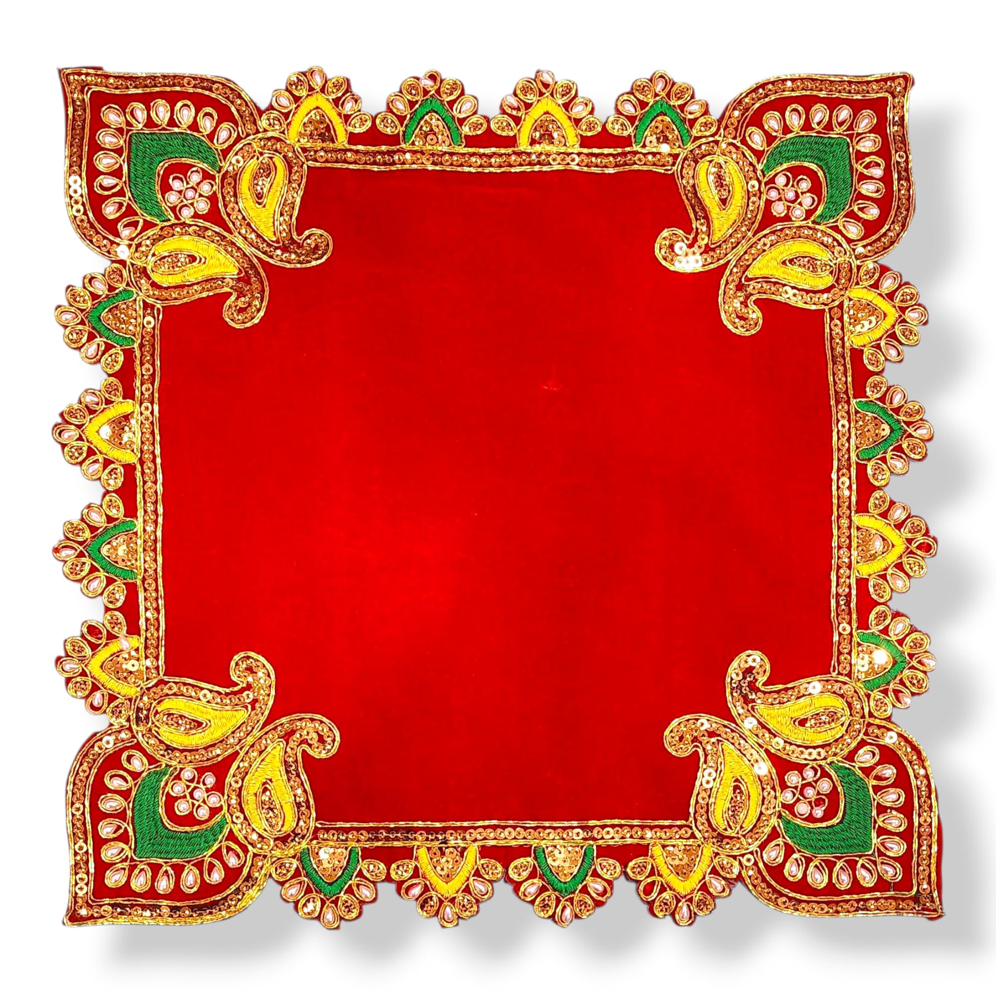 YRK Elegant Red Velvet Pooja Aasan for Deities and Mandir Decor | 15 x 15 Inch | Chowki Aasan Kapda Mat for Puja Table | Puja Home Mandir and Temple Mat | Red 15 Inch-image-9
