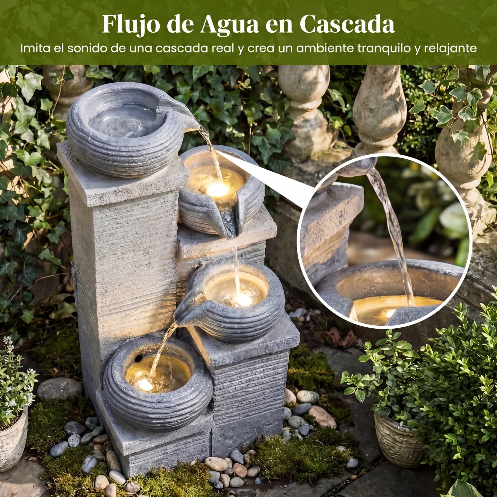 COSTWAY Fuente de Agua Decorativa con Luz LED, Fuente de Jardín Cascada de 4 Niveles con Cuencos, Flujo Ajustable y Bomba, Decoración Zen Interior Exterior para Patio Hogar Oficina, 28 x 22 x 58 cm