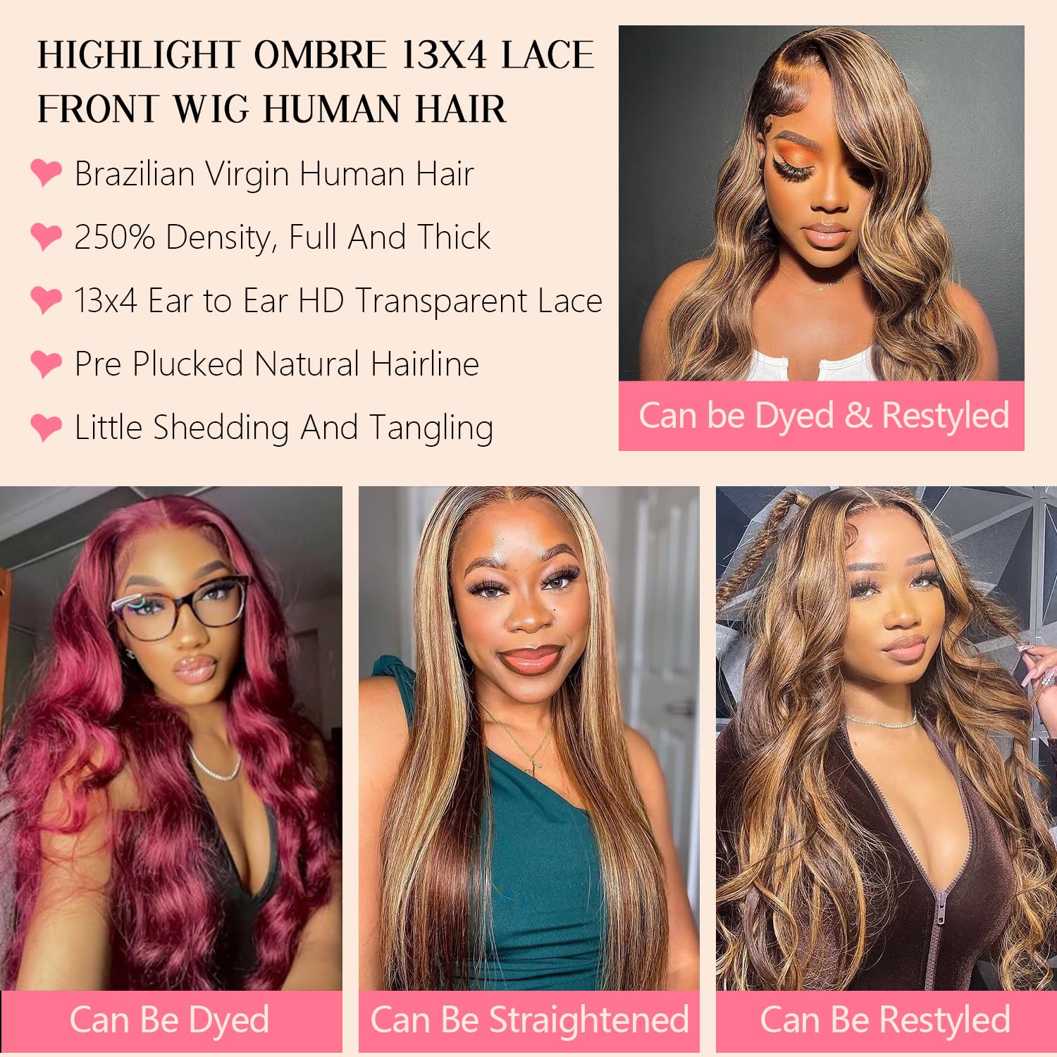 26 Inch Honey Blonde Ombre Lace Front Wig Human Hair 250 Density 4/27 Body Wave Lace Front Wigs Human Hair Pre Plucked Glueless 13X4 Highlight HD Lace Frontal Wig for Women