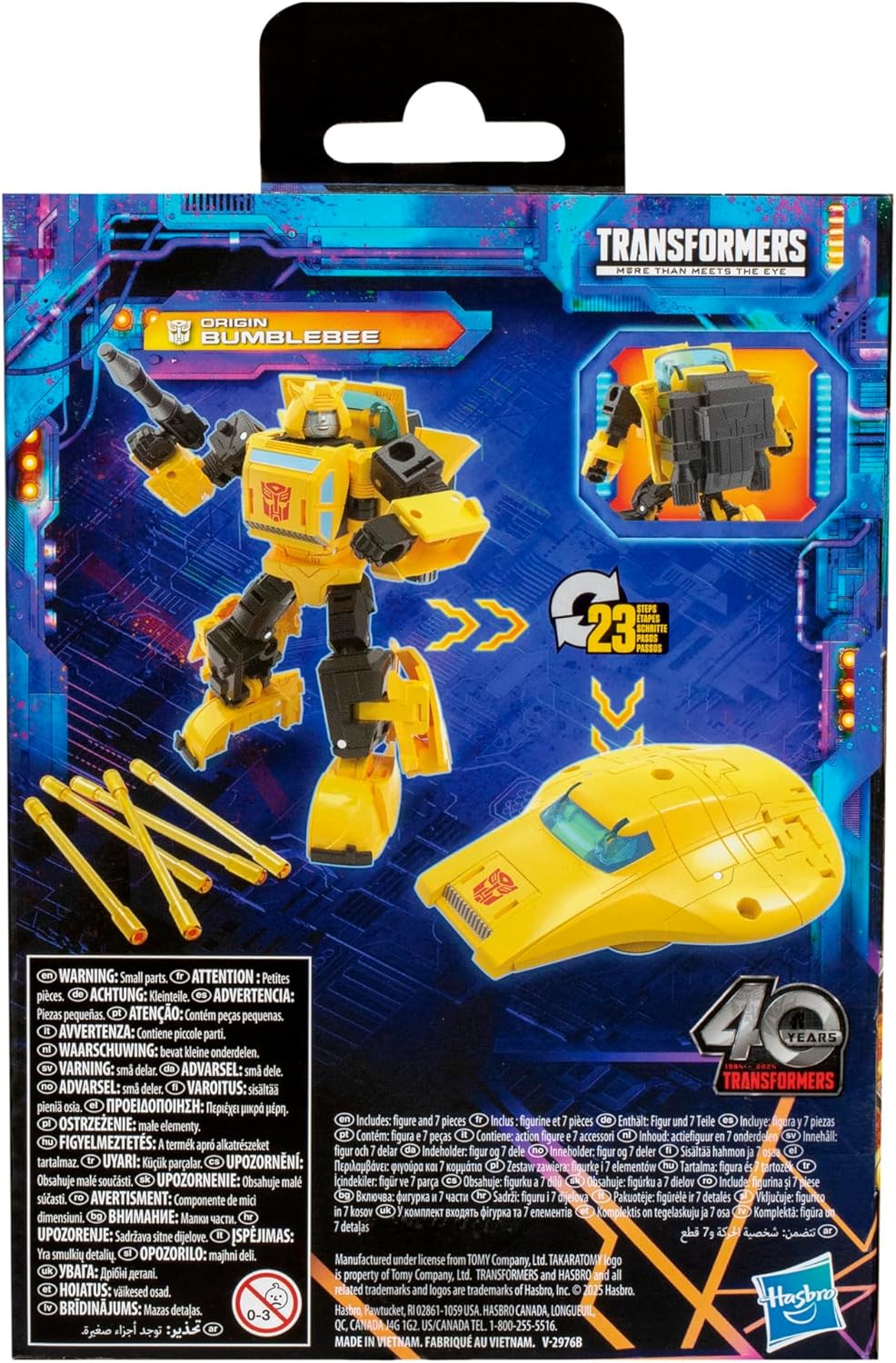 Back of product packaging showing visual transformation steps for Origin Bumblebee.