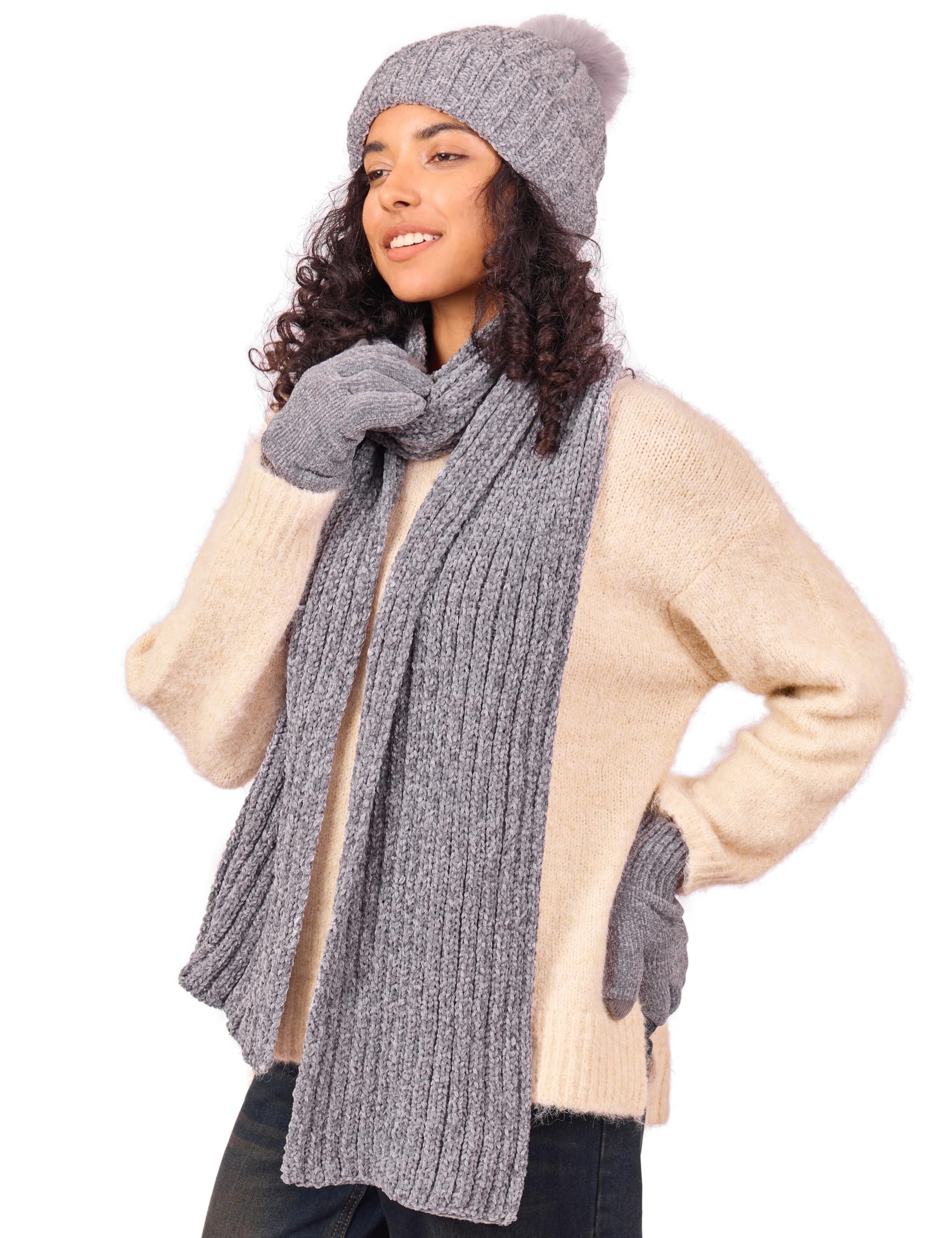 Womens Chenille Hat Gloves Scarf Set Winter Knit Touch Screen Gloves Warm Beanie with Gift Box-image-31