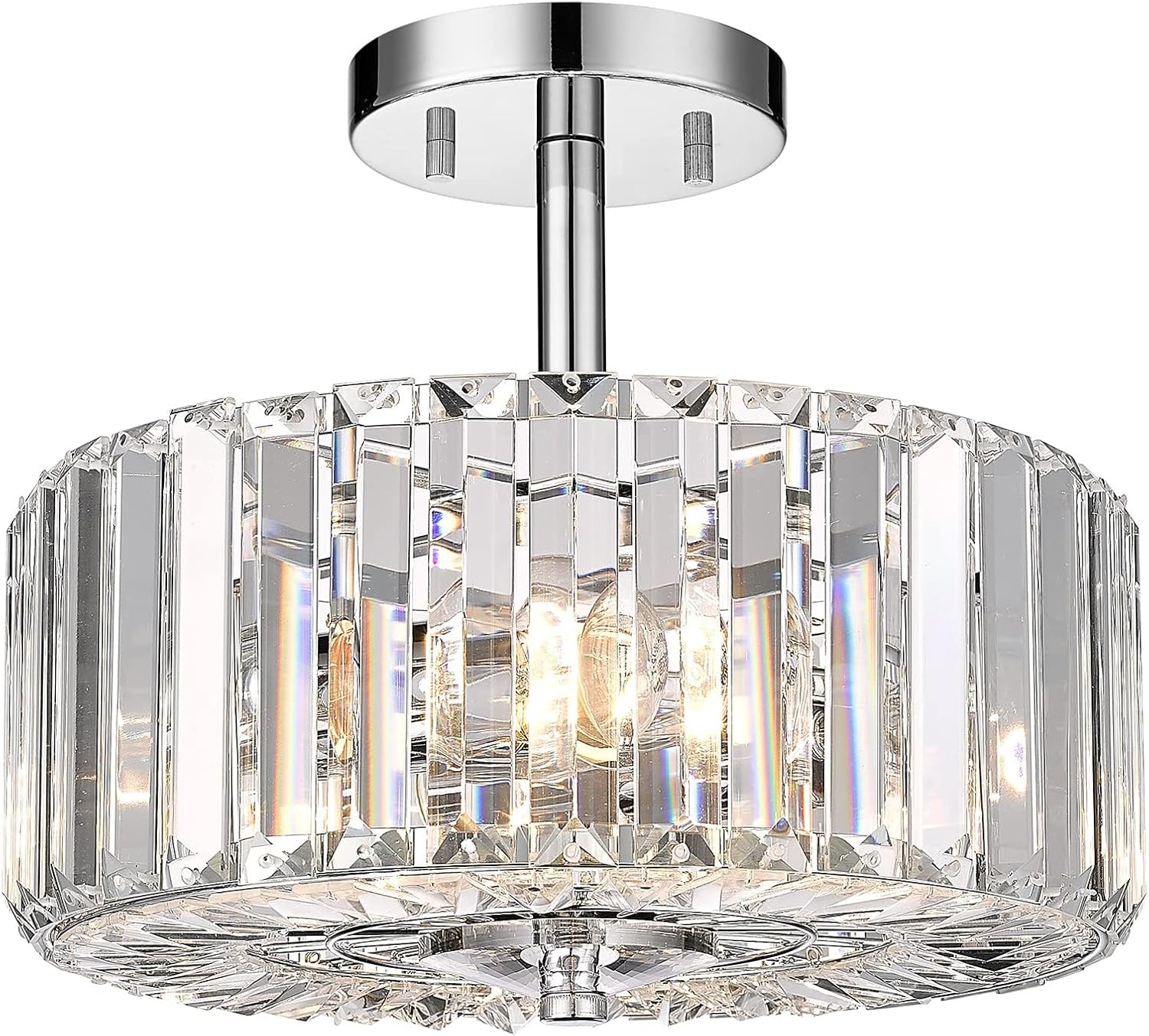 Crystal Light Fixture, Modern 2-Light Chrome Flush Mount Light Fixture, 11" Round Crystal Chandelier for Bedroom Entryway Kitchen Hallway Lighting, SF004-2-CH Chrome-Semi 11.8 Inch