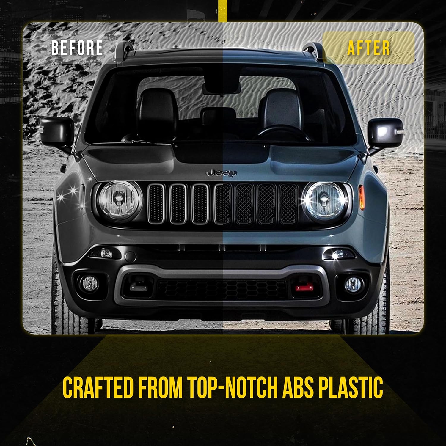 Trim Illusion Patented ABS6439BLK Tape On Gloss Black Grille Overlay Compatible with 2015-2019 Jeep Renegade Sport, Limited, Latitude