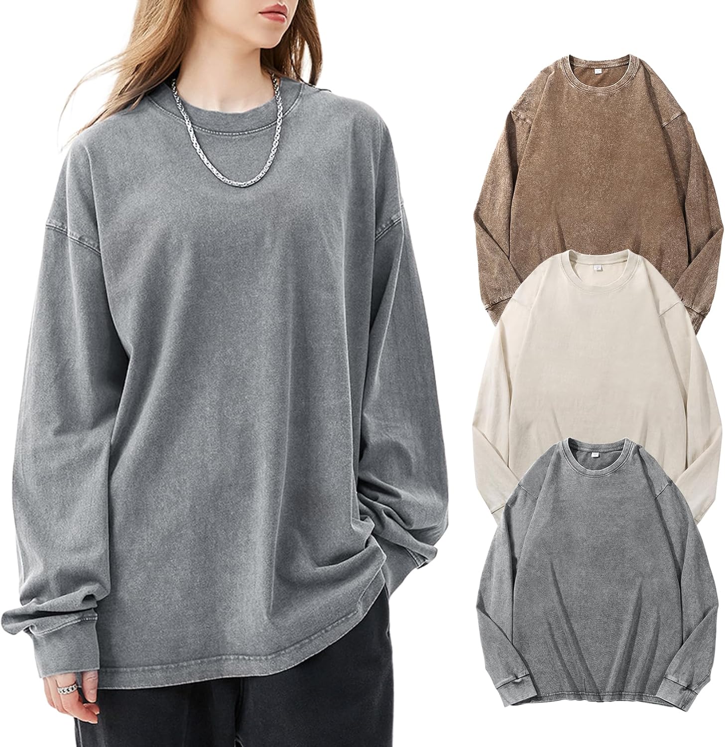 Yimoon Oversized Tshirts for Women Cotton Long Sleeve Shirts Acid Wash Baggy Tees Vintage T Shirt Streetwear