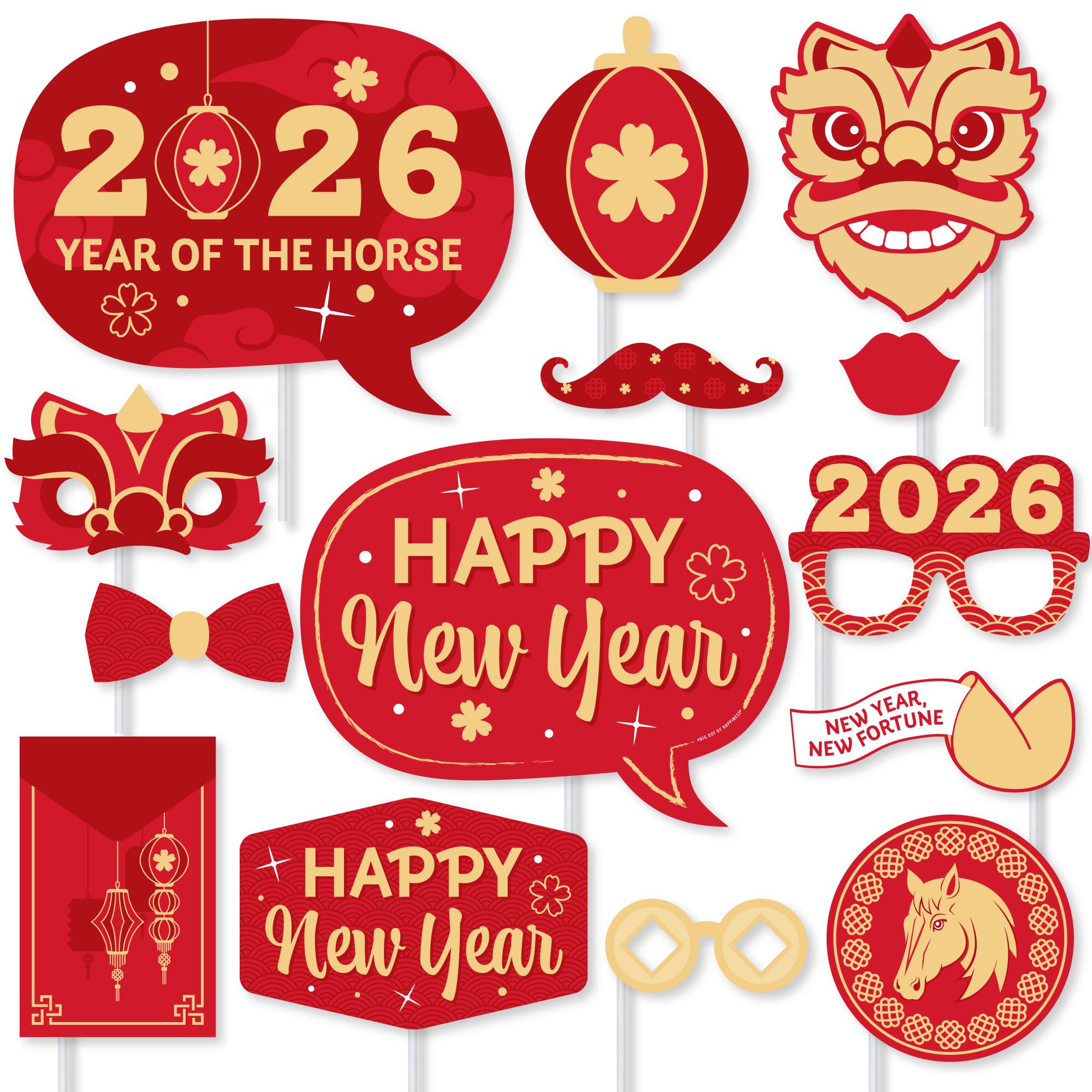 Big Dot of Happiness Lunar New Year - 2026 Year of The Horse Photo Booth Props Kit - 20 Count