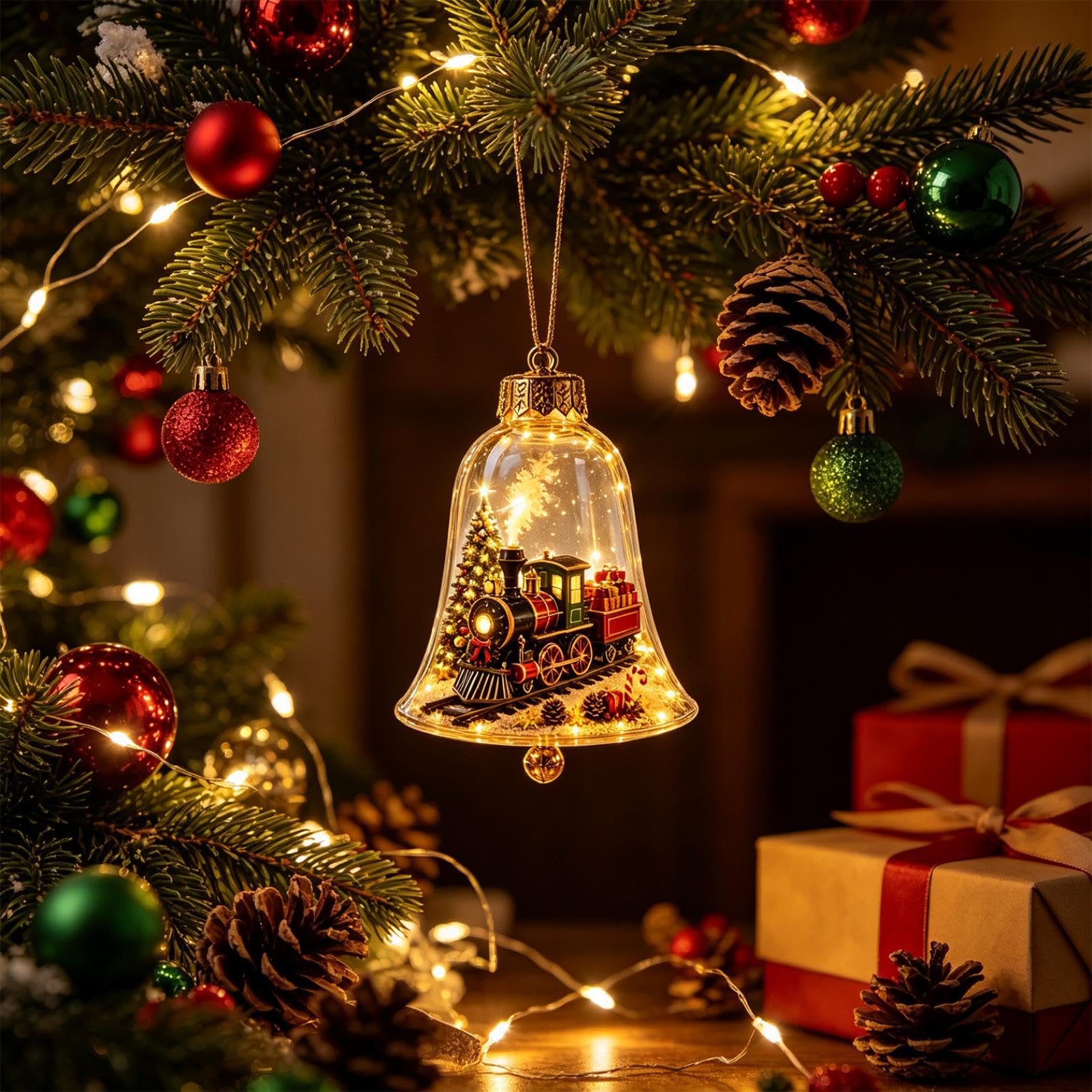 3D Glowing Christmas Story Ornament, Miniature Xmas Scene in Clear Acrylic Ball with Warm Led Light, Festive Keepsake Gift for Home Xmas Party Decoration (1, Christmas Express-B)