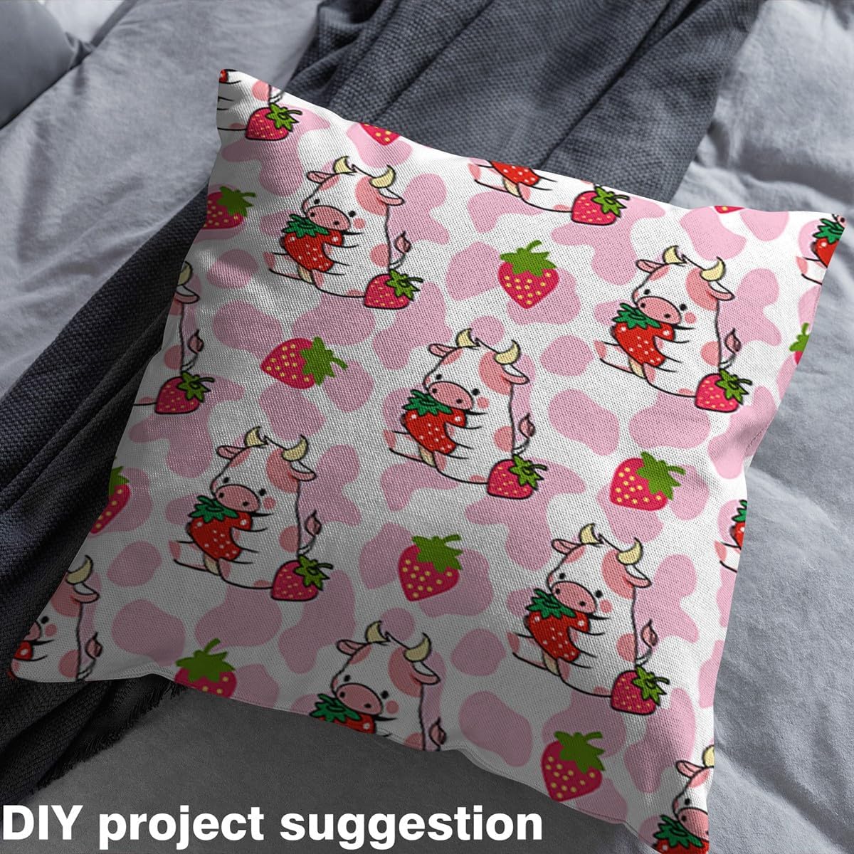 Feelyou Cute Cow Upholstery Fabric by The Yard, Pink Cow Print Strawberry Outdoor Fabric by The Yard, Farmhouse Kawaii Room Decorative Fabric for Upholstery and Home DIY Projects, 3 Yards