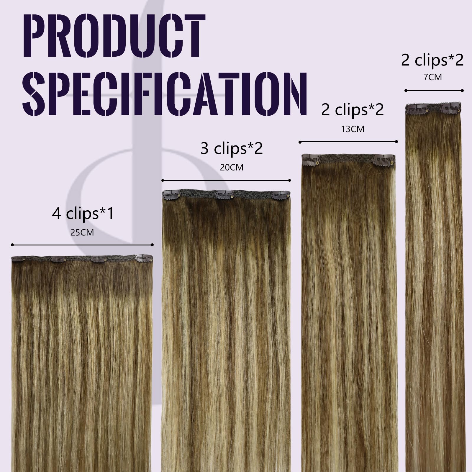 Fshine Extension Capelli Veri Clip 120g 40cm Capelli Umani 7pcs Balayage Castano Medio con Biondo e Marrone Medio Lisci