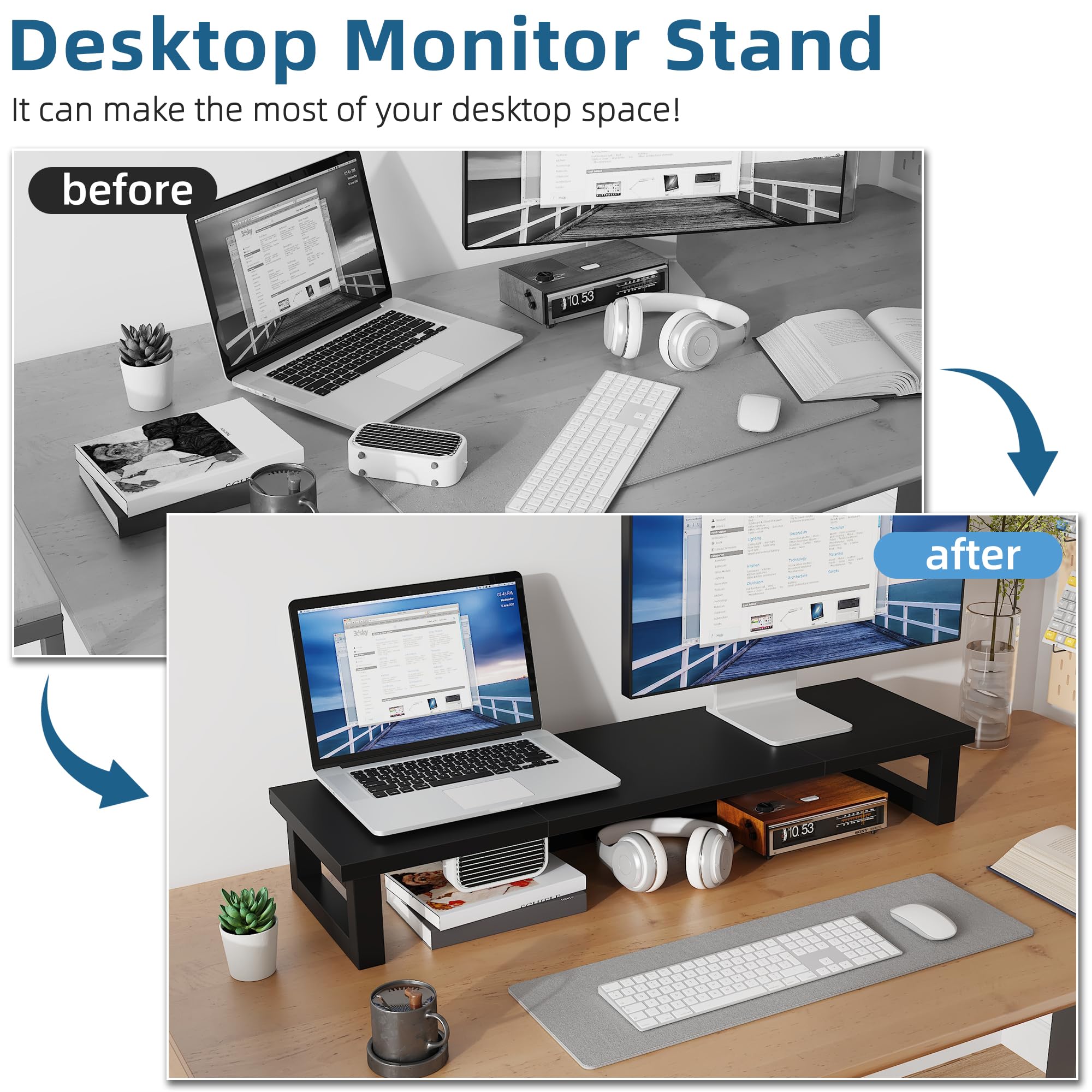 Supporto per doppio monitor, 91 x 26 cm, ripiano per scrivania, doppio supporto per monitor, per laptop, PC, computer, monitor, organizer da scrivania per lavoro, nero