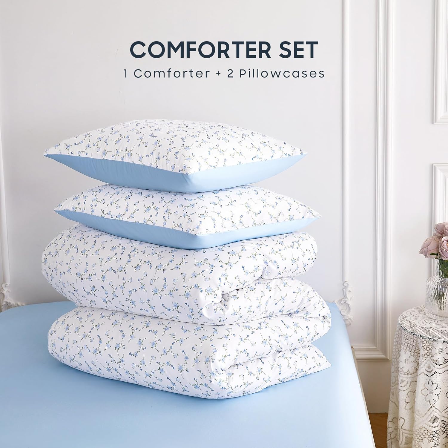 Wake In Cloud - Floral Comforter Set, Coquette Cottagecore Aesthetic Cute Flower Pattern for Women Teen Girls, Soft Lightweight Dorm Bedding, 3 Pieces, Blue White, Twin/Twin XL Size - Image 2
