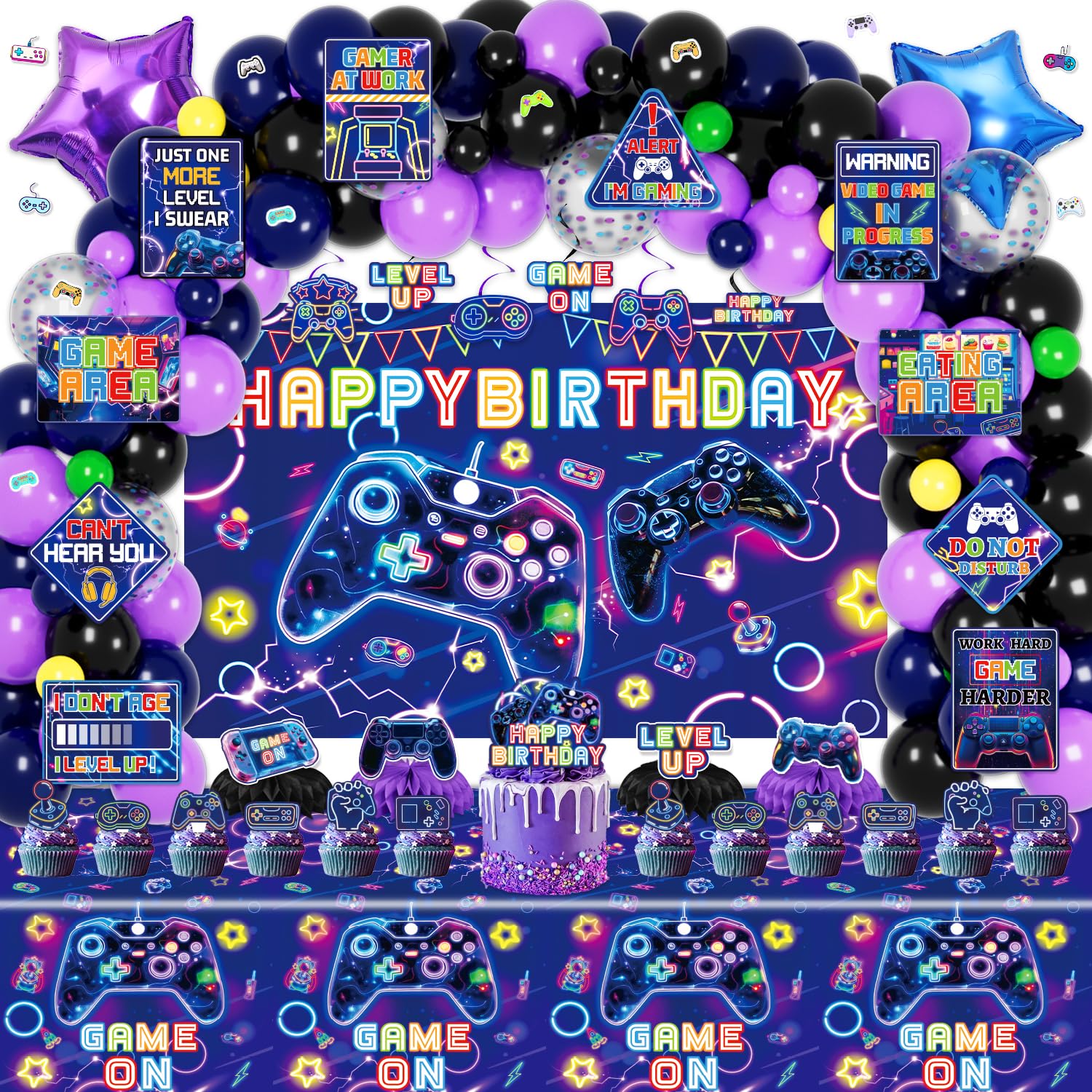Mpanwen Video Game Birthday Decorations, 178Pcs Game Gaming Birthday Party Decor Supplies - Backdrop, Sticker, Balloons, Cake Toppers, Tablecloth,