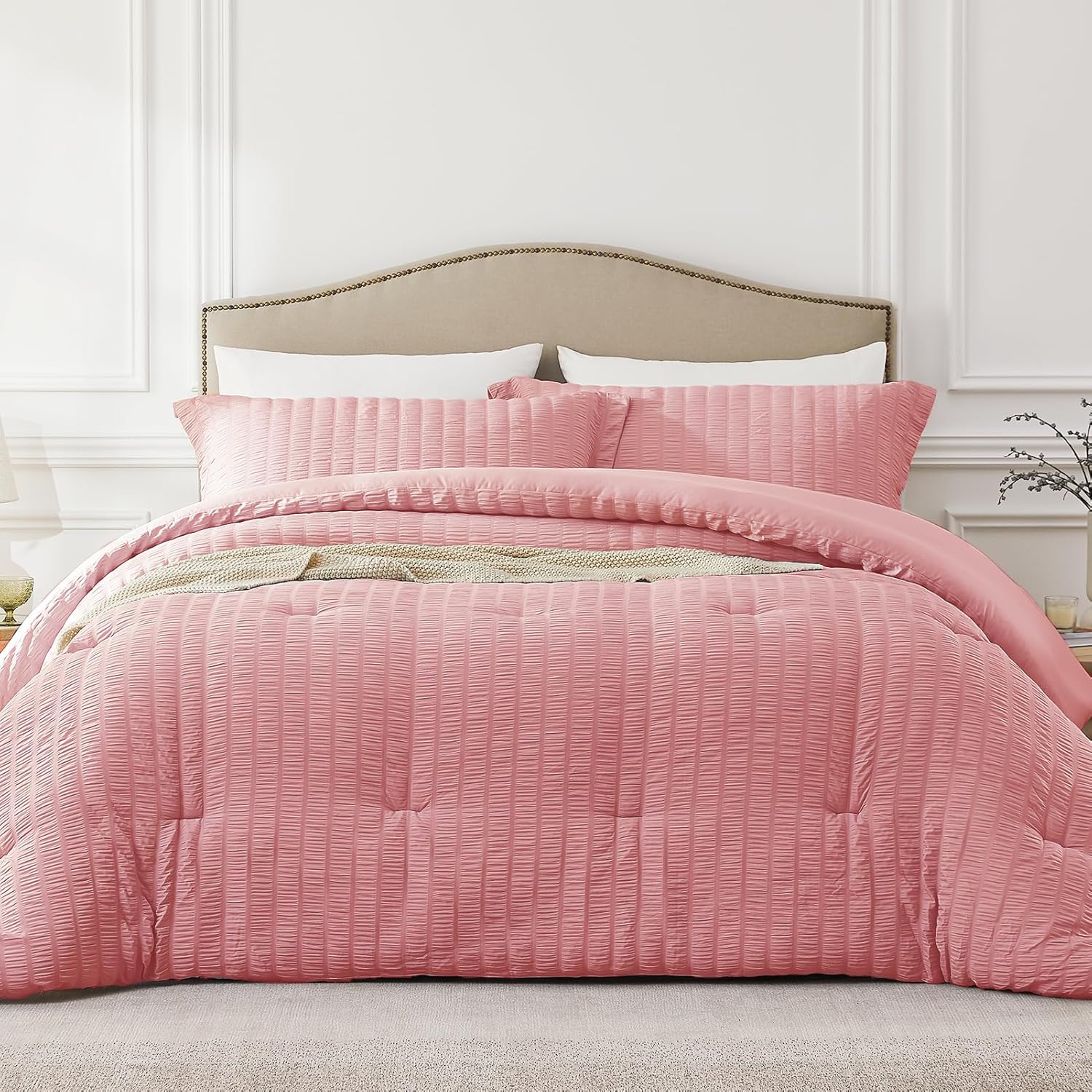 Full Size Comforter Set Peach Pink,3PCS Seersucker Lightweight Bedding Comforter for All Season, Full Size(82''×86'' Comforter & 2 Pillowcases) 14peach Pink Full (82''*86'')