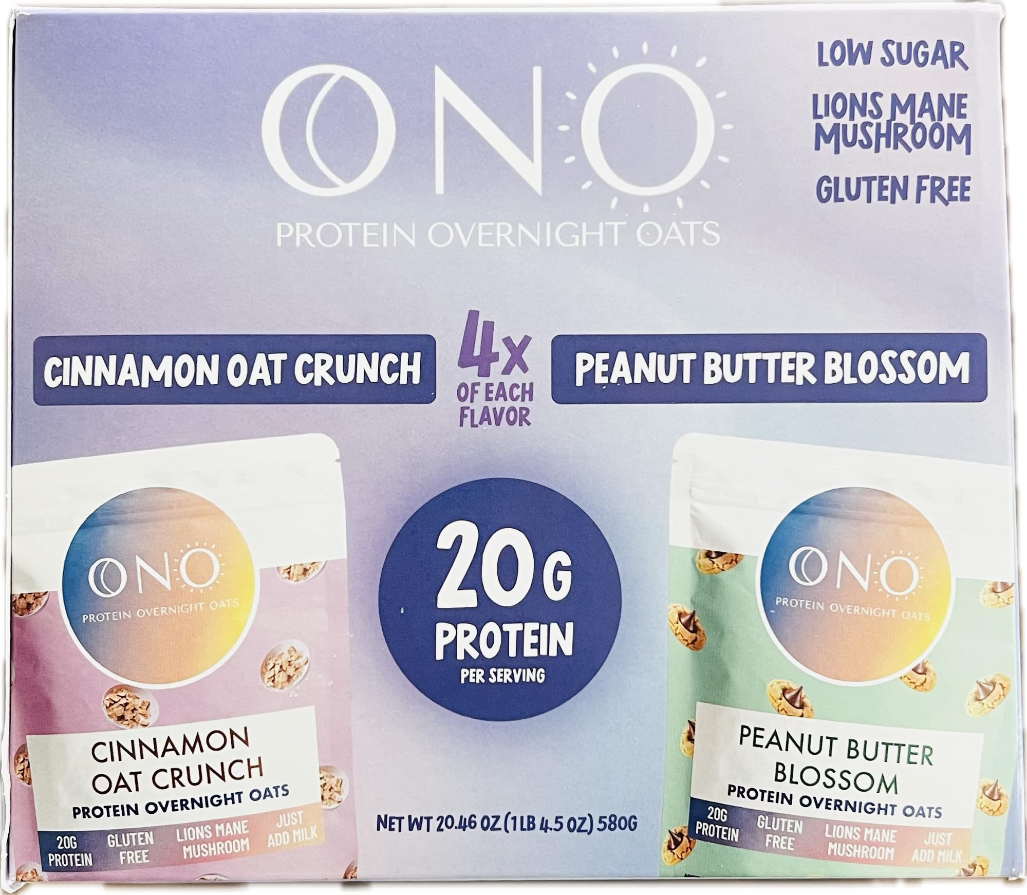 Protein Overnight Oats Variety Pack by Ono – 8 Servings (Cinnamon Oat Crunch & Peanut Butter Blossom) – 20g Protein, Gluten-Free, Low Sugar, with Lion’s Mane Mushroom – Just Add Milk